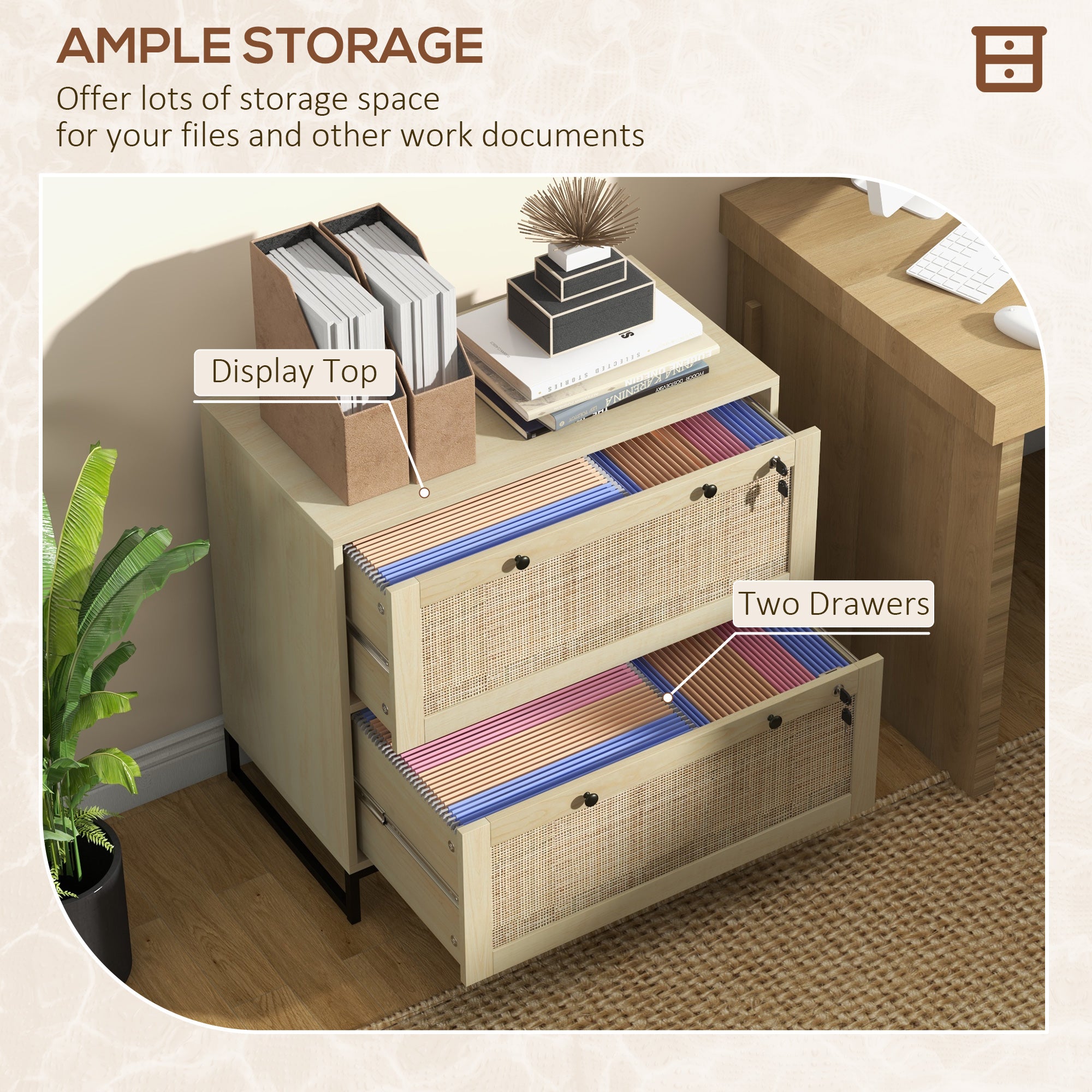 Lockable Filing Cabinet, Boho 2 Drawer File Cabinet with Adjustable Hanging Bar for Letter, A4 and Legal Size, Natural