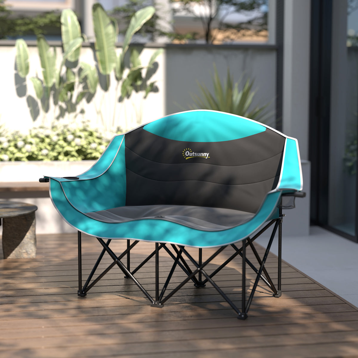 Padded Folding Camp Chair for Adults, Double Camping Chair with Armrests, Cup Holders, Carry Bag for Outdoor, Green