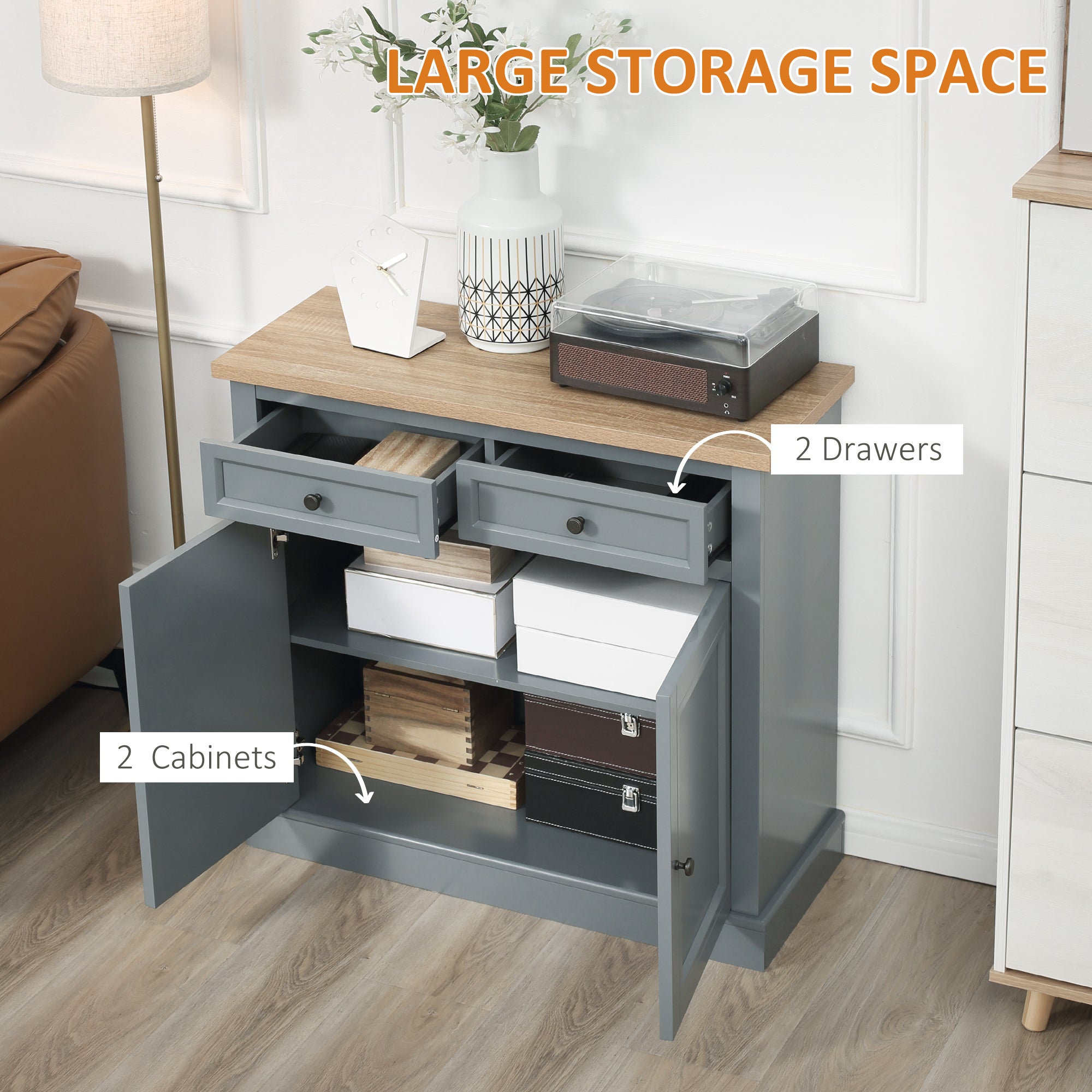 Sideboard Buffet Cabinet, Coffee Bar Cabinet with 2 Drawers and Double Door Cupboard for Kitchen, Living Room, Entryway, Dark Gray