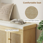 Shoe Storage Bench with Woven Rattan Doors, Shoe Bench with Cushion, Adjustable Shelves, Entryway Bench, Oak Tone