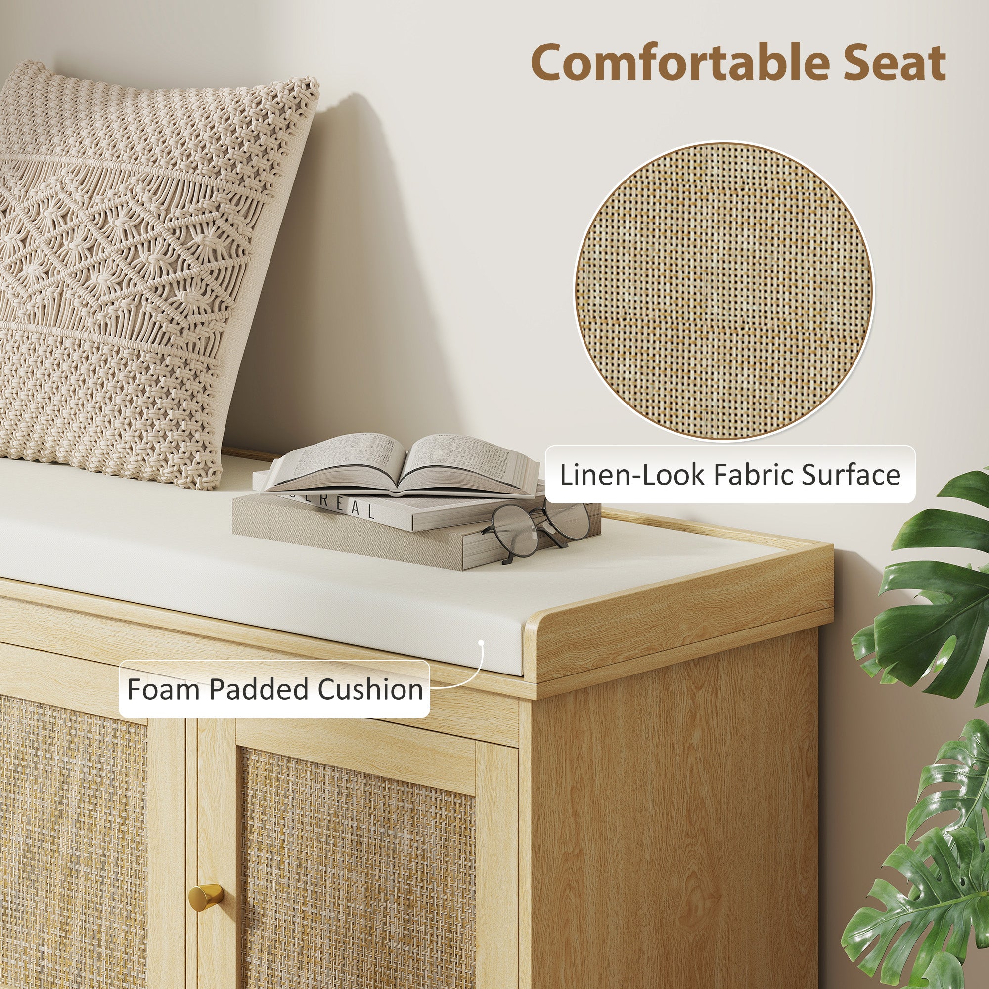 Shoe Storage Bench with Woven Rattan Doors, Shoe Bench with Cushion, Adjustable Shelves, Entryway Bench, Oak Tone