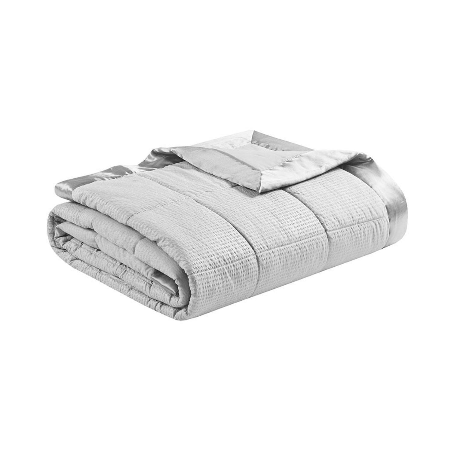 Oversized Hypoallergenic Down Alternative Blanket with Satin Trim, 3M Scotchgard Treatment, Machine Washable, 108" L x 96" W x 0.25" H, Gray