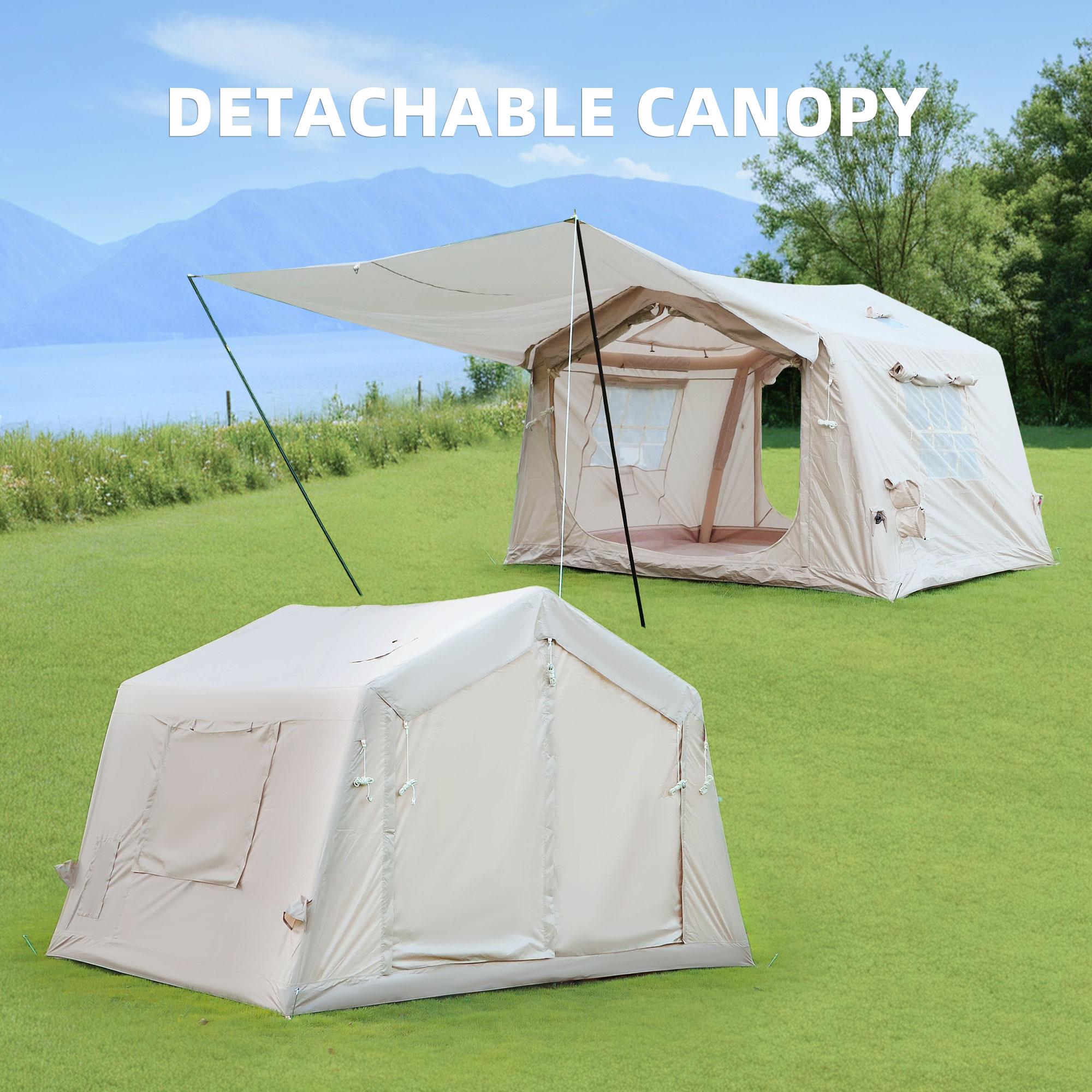 4-Season Camping Tent with Extended Awning and Higher Sidewalls, Waterproof Family Tent with Dual Doors, 126″ L x 98.5″ W x 82.5″ H, Beige