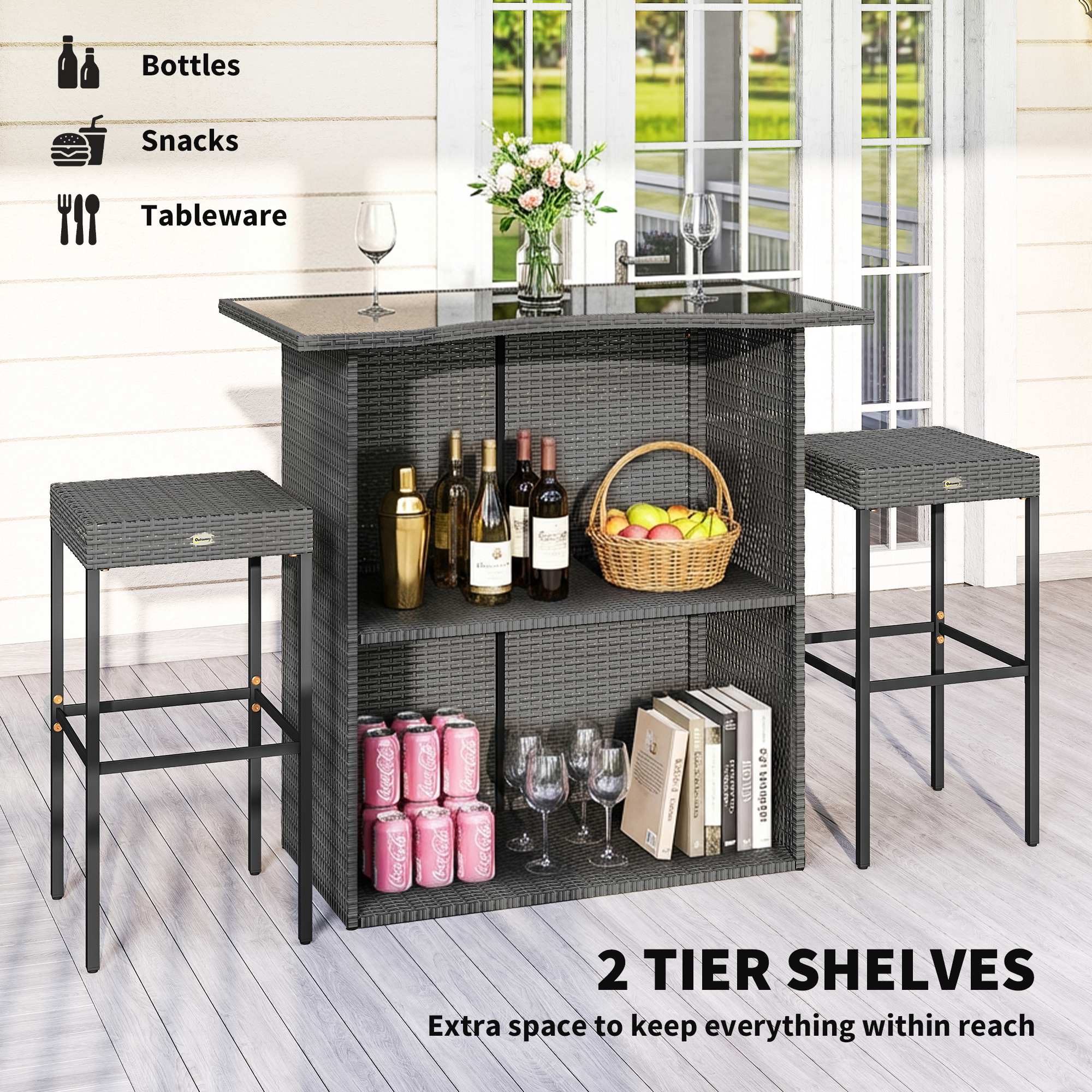 5 Piece Rattan Wicker Bar Set, High Top Outdoor Table and Chairs, Bar Height Patio Set, 2 Shelves & 4 Bar Stools, Gray
