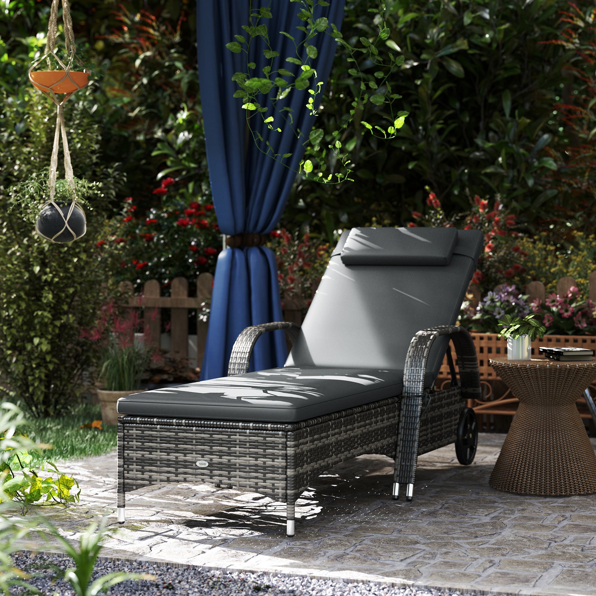 Outdoor Chaise Lounge, 5-Level Adjustable Backrest Rattan Pool Lounge Chair with Wheels, Cushion & Headrest, Gray