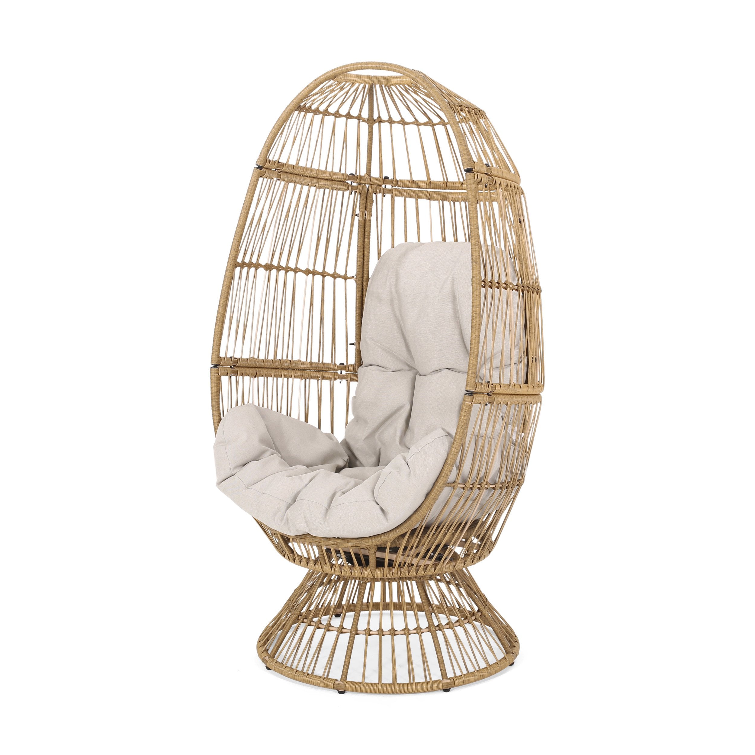 Wicker Outdoor Patio Swivel Egg Chair with Basket Shape Design and Water-Resistant Cushions, 30.5" L x 28" W x 58" H, Natural