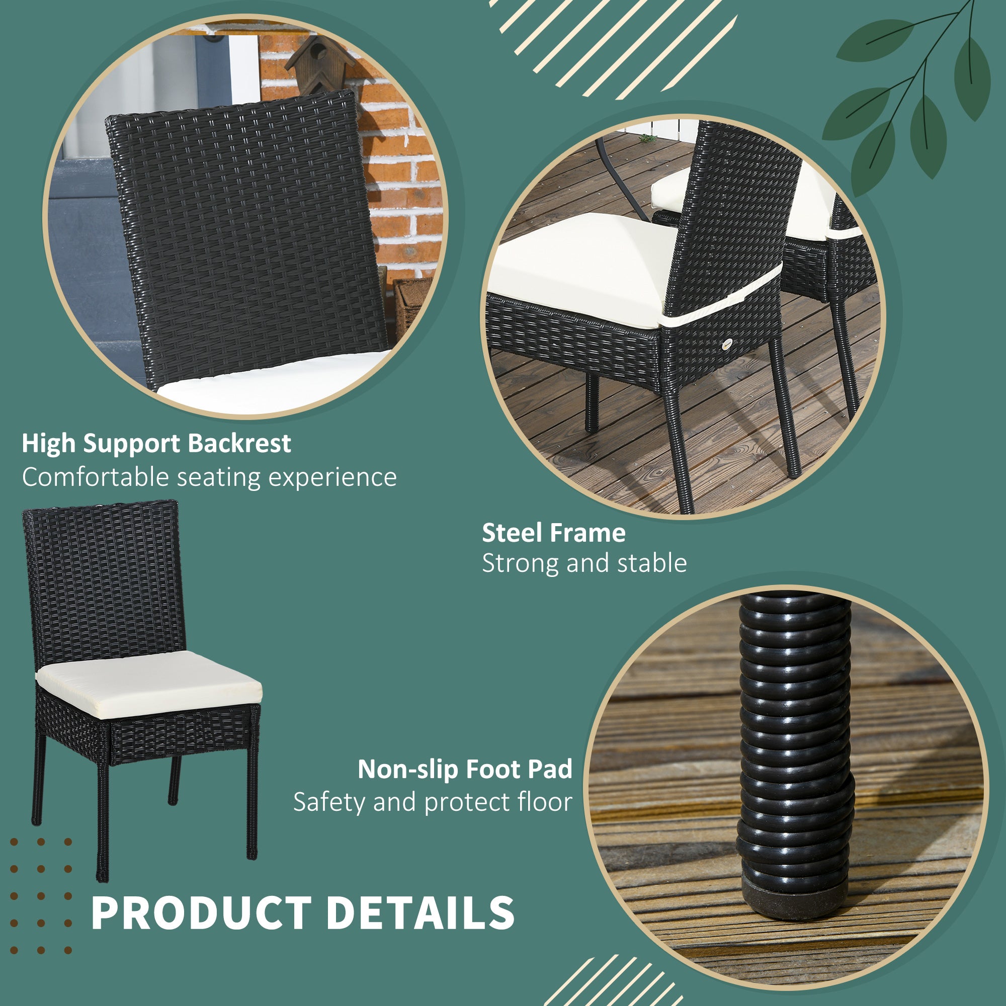 4 PE Rattan Outdoor Dining Chairs with Cushions, Patio Wicker Dining Chairs with Backrest, Black