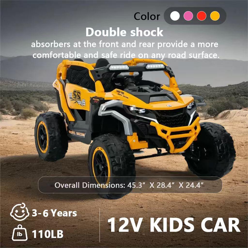 12V 2-Seater Kids Electric UTV Ride-On with Remote Control, Electric Go-Kart with Music & Flashlights, 45.5" L x 28.5" W x 24.5" H, Yellow+Black