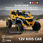 12V 2-Seater Kids Electric UTV Ride-On with Remote Control, Electric Go-Kart with Music & Flashlights, 45.5" L x 28.5" W x 24.5" H, Yellow+Black