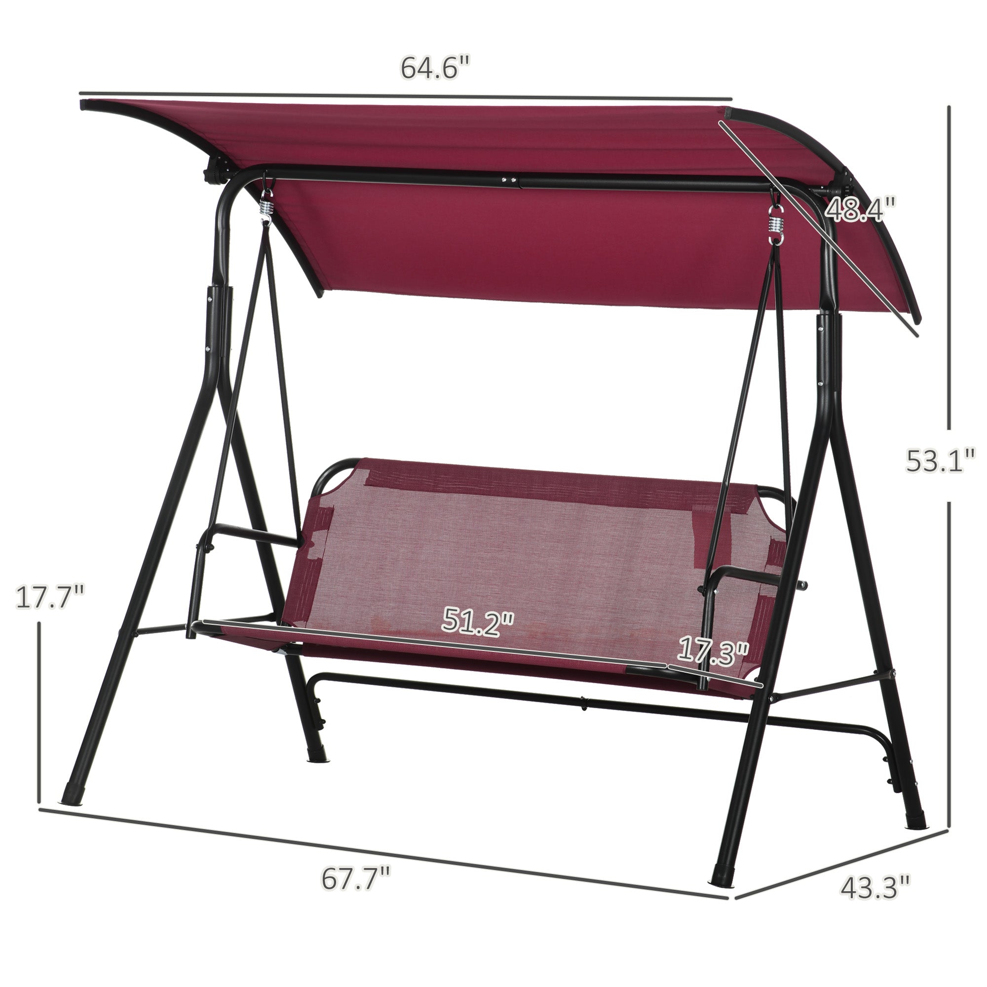 3-Person Porch Swing with Stand, Outdoor Swing for Patio Porch with Adjustable Tilt Canopy and Comfortable Swing Bench-Style Seat, Steel Frame, Wine Red
