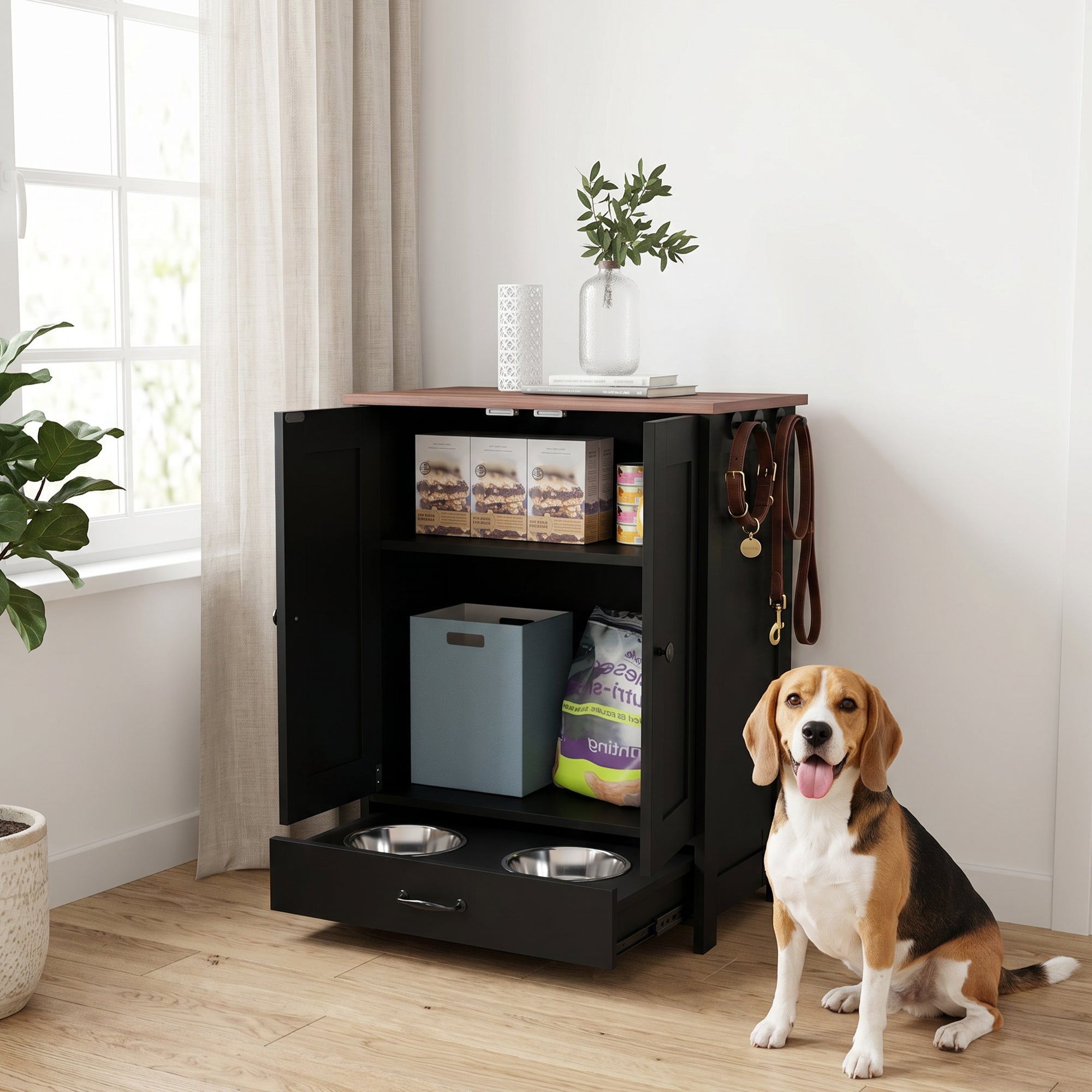 Pet Feeding Station, Dog Food Storage Cabinet w/ Raised Dog Bowls, Adjustable Panel, Hooks for Medium Dogs, Black