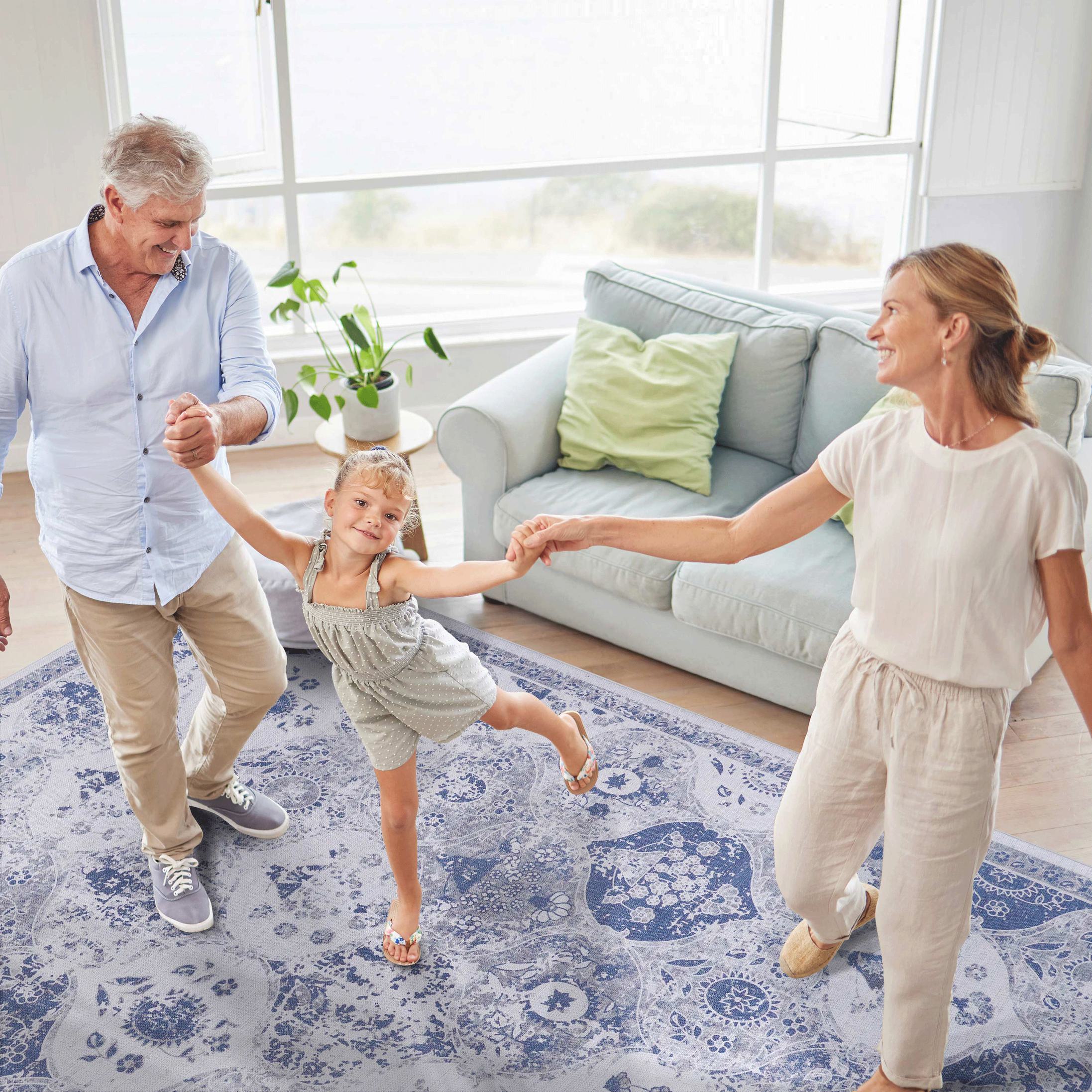 9x12 Kid and Pet Friendly Low-Pile Washable Area Rug, Non-Slip, Non-Shedding, Foldable for Living Room, Bedroom, Dining Room, Blue
