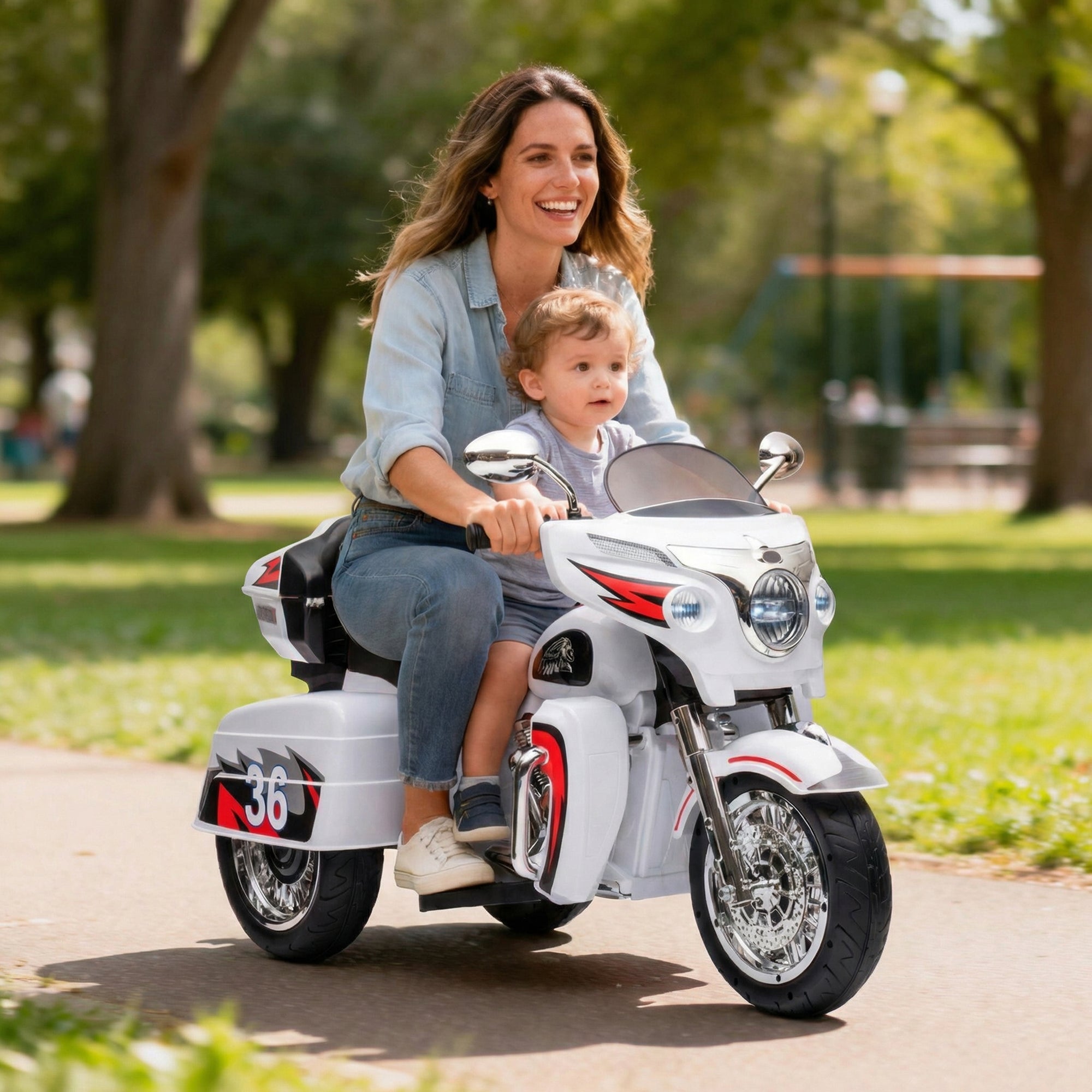 2-Seat 12V Kids Electric Ride-On Motorcycle with Storage Trunk, 3-Wheel Motorbike with MP3 and Bluetooth, 43.5'' L x 19'' W x 26.5'' H, White