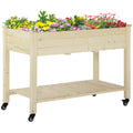 Raised Garden Bed, 47" x 22" x 33", Elevated Wooden Planter Box w/ Lockable Wheels, Storage Shelf, and Bed Liner for Backyard, Patio, Natural