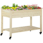 Raised Garden Bed, 47" x 22" x 33", Elevated Wooden Planter Box w/ Lockable Wheels, Storage Shelf, and Bed Liner for Backyard, Patio, Natural