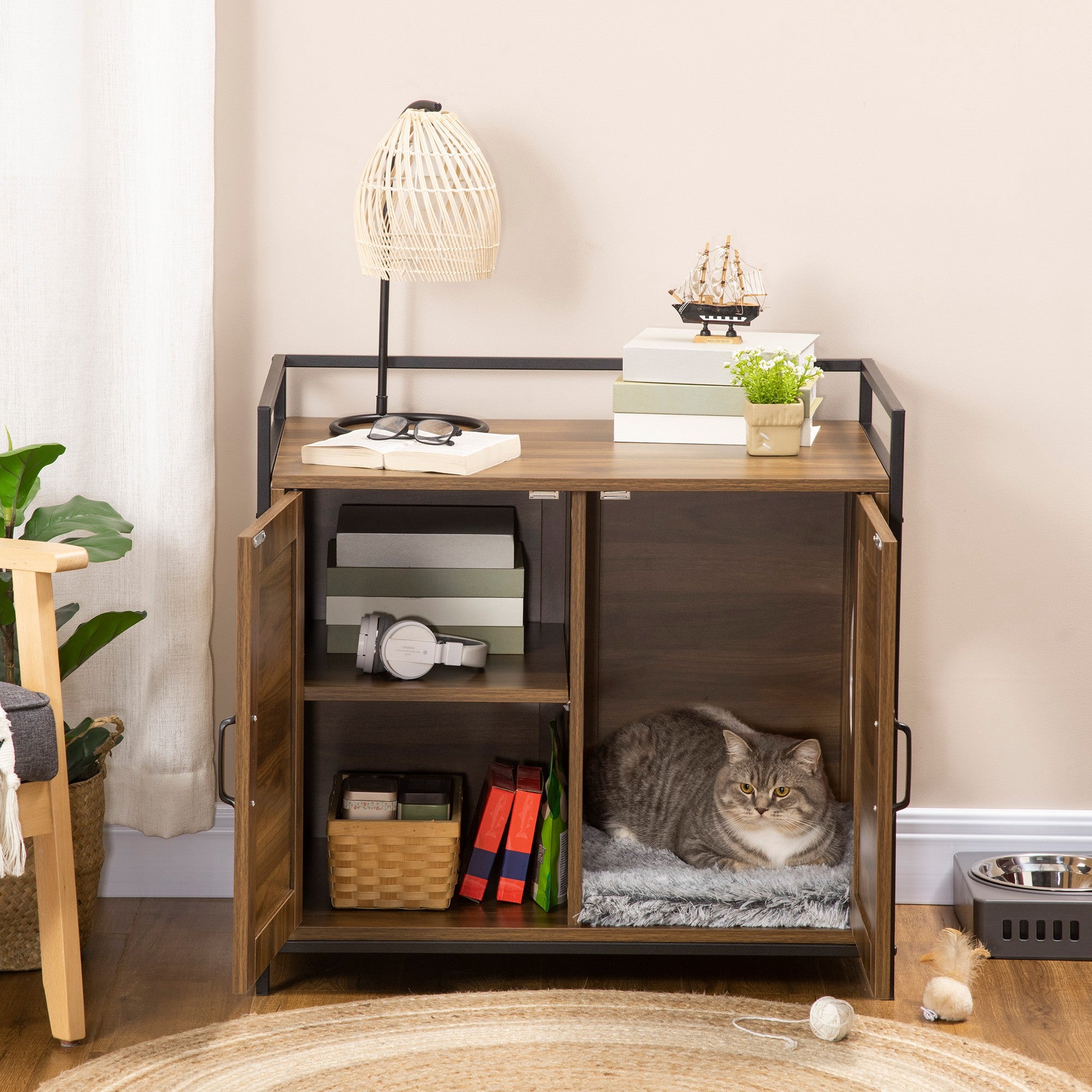 Shelved Hidden Litter Box Enclosure with Spacious Top and Interior, Large Cat Litter House End Table for Indoor Cats with Hidden Storage Cabinet Space