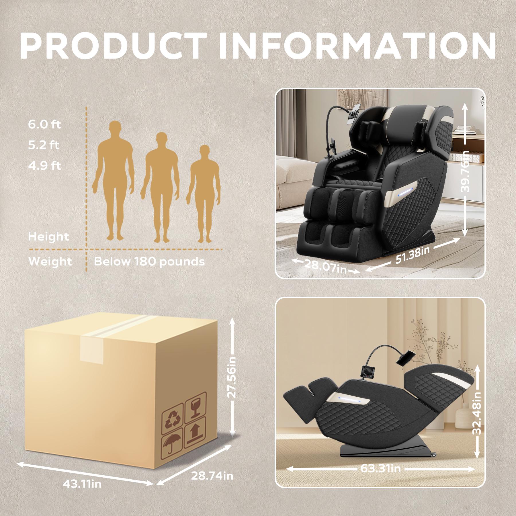Massage Chair with Zero Gravity Reclining Feature, Full Body Air Pressure, Heating Functions, Bluetooth Audio, 51" L x 28" W x 40" H, Black