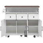 Farmhouse Kitchen Island Cart with Beaded Drape, Power Outlet, Drop Leaf, Rolling Wheels, 3 Doors, 3 Drawers, Adjustable Shelves, White