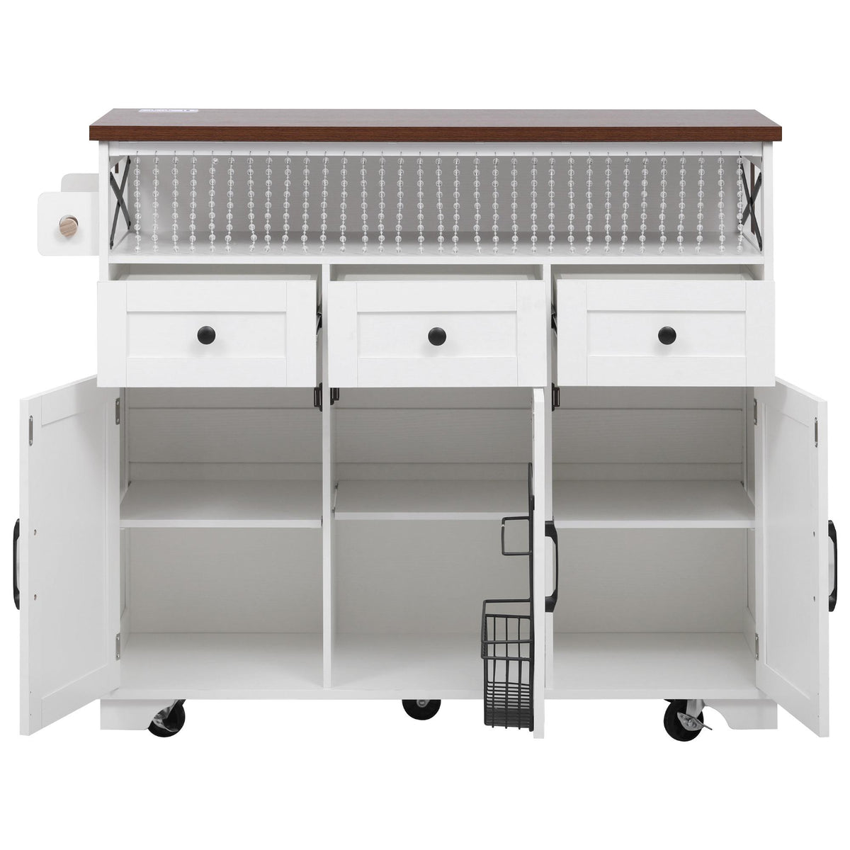 Farmhouse Kitchen Island Cart with Beaded Drape, Power Outlet, Drop Leaf, Rolling Wheels, 3 Doors, 3 Drawers, Adjustable Shelves, White