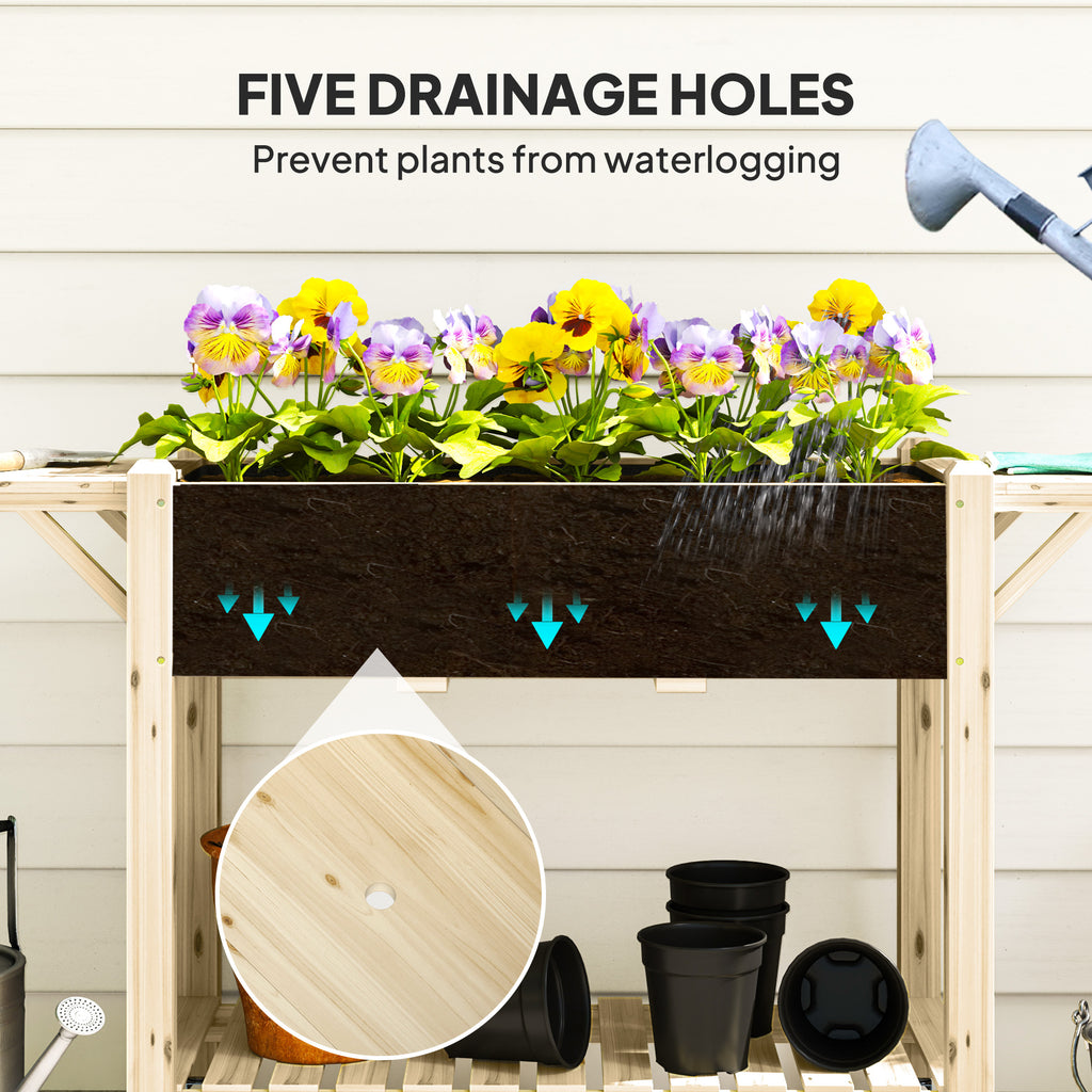 Wood Raised Planter Box, Elevated Garden Bed with Lockable Wheels, Side Tables, Bottom Shelf, Drain Holes, Natural