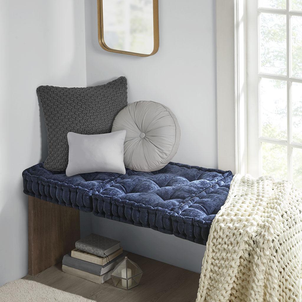 Textured Chenille Square Floor Pillow Cushion with Tufted Detailing, Scalloped Edge, Hypoallergenic 100% Polyester, 20" L x 20" W x 5" H", Navy
