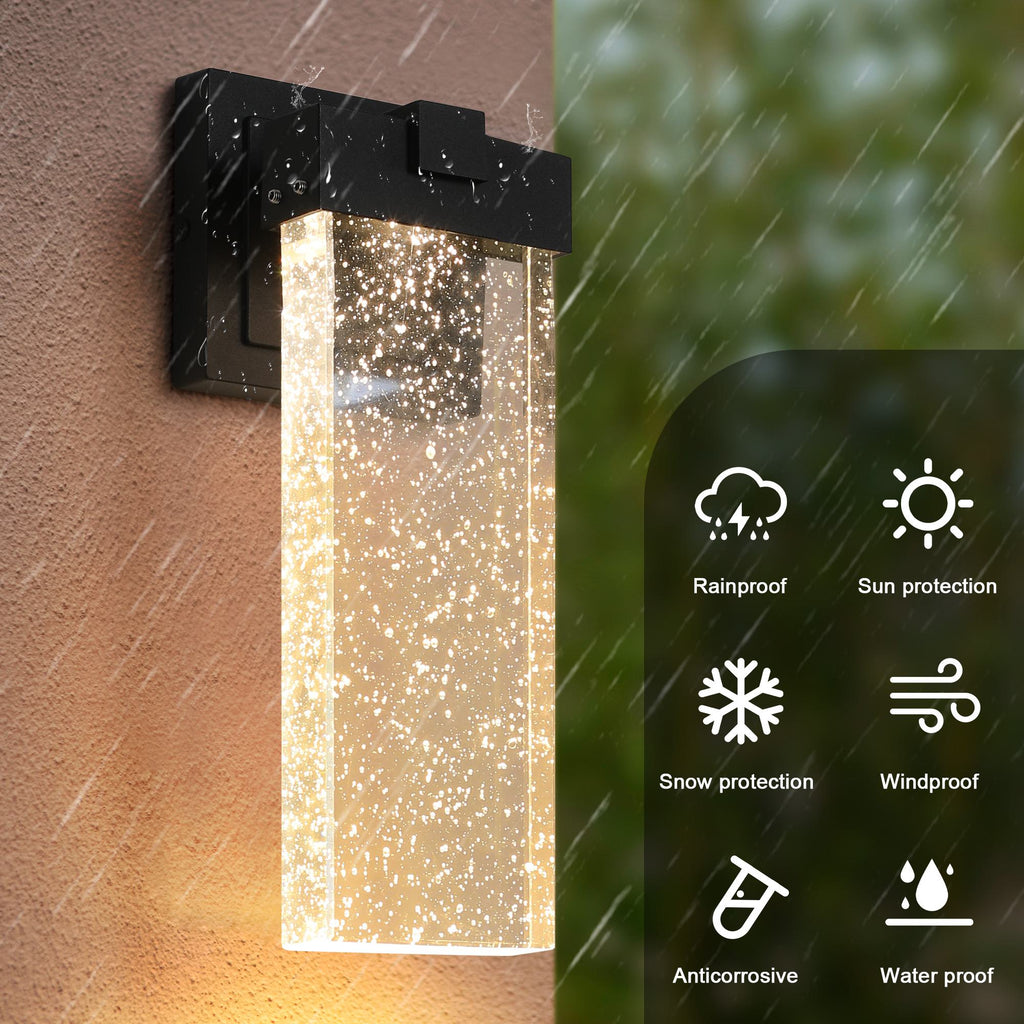 2-Pack Outdoor Wall Light Fixture with Bubble Crystal and Light Sensor, Weatherproof LED Wall Sconce, 12W Per Lamp, 3.5" L x 4.5" W x 12" H, Black