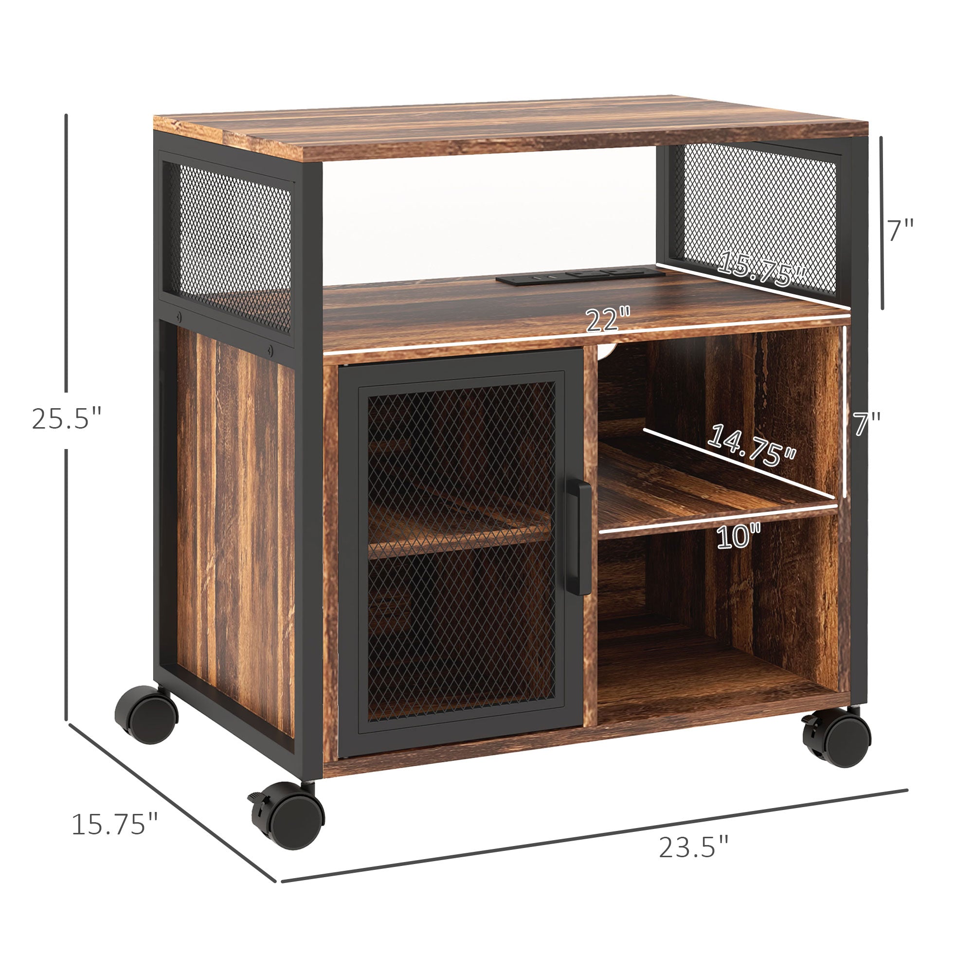 Printer Stand with Socket and USB Charging Ports, Industrial Mobile Printer Table with Storage and Wheels, Rustic Brown