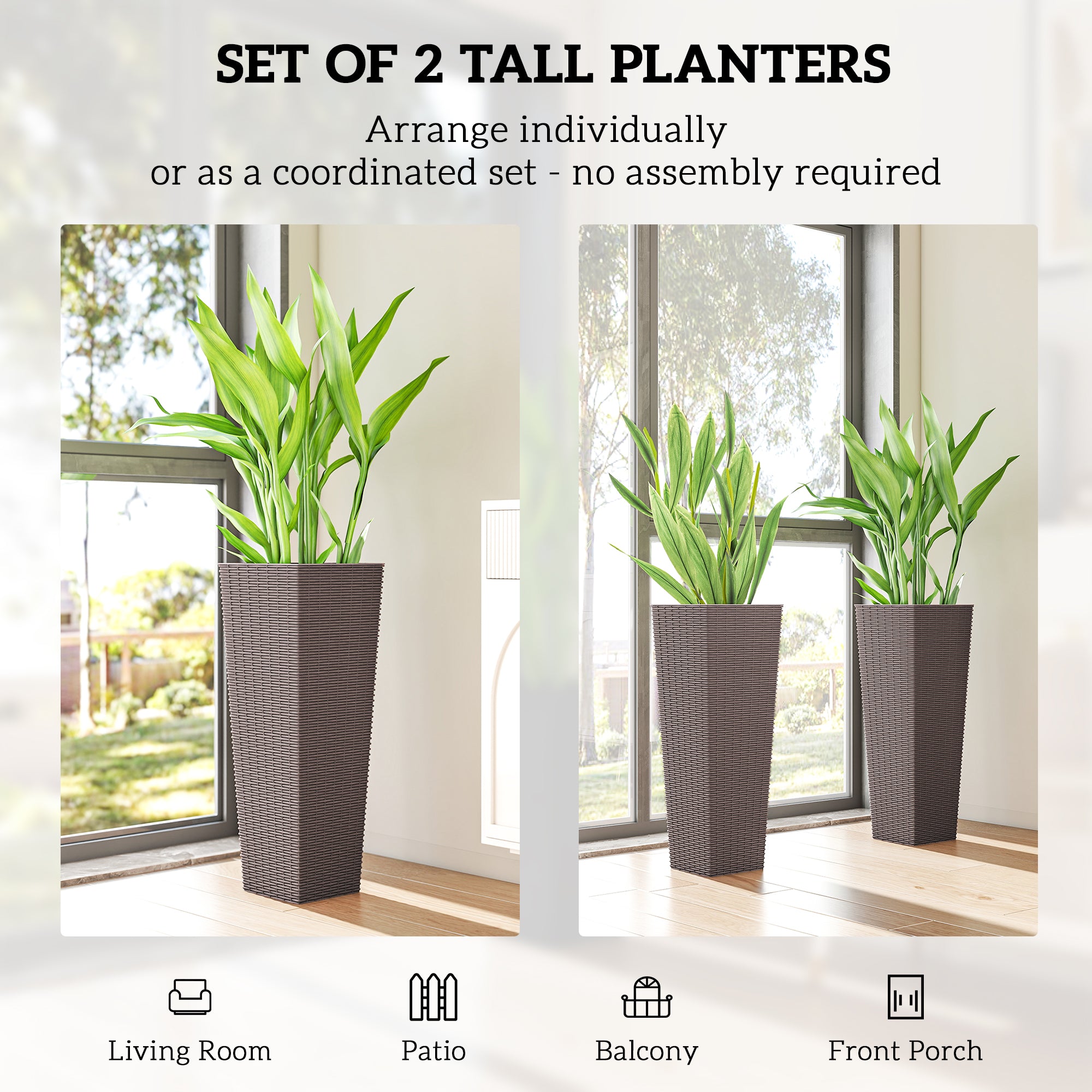 32 Inch Tall Planters for Outdoor Plants, Set of 2 Plastic Flower Pots with Drainage Holes, Brown