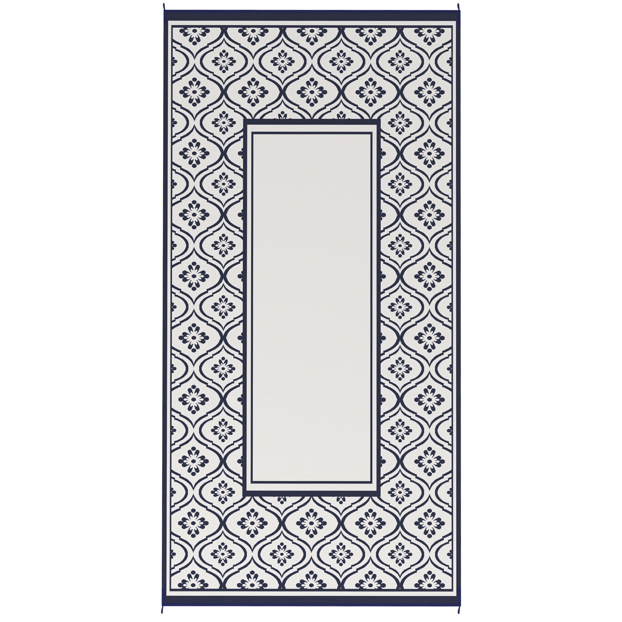 Reversible Outdoor Rug, Waterproof Plastic Straw with Carry Bag, 9' x 18', Blue & White Gourd Border