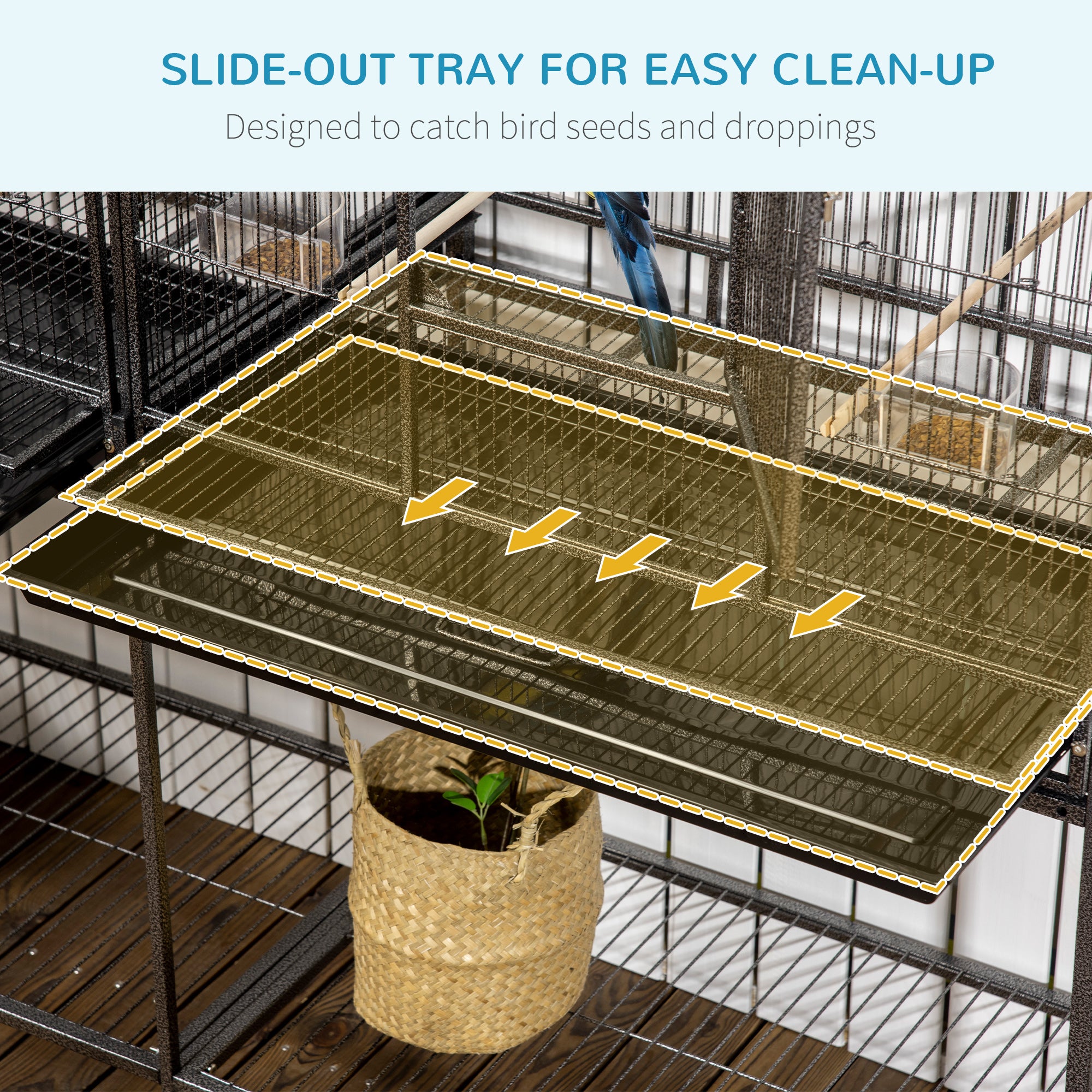 Rolling 65"L Bird Cage w/ Storage Shelf Wood Perch Food Container