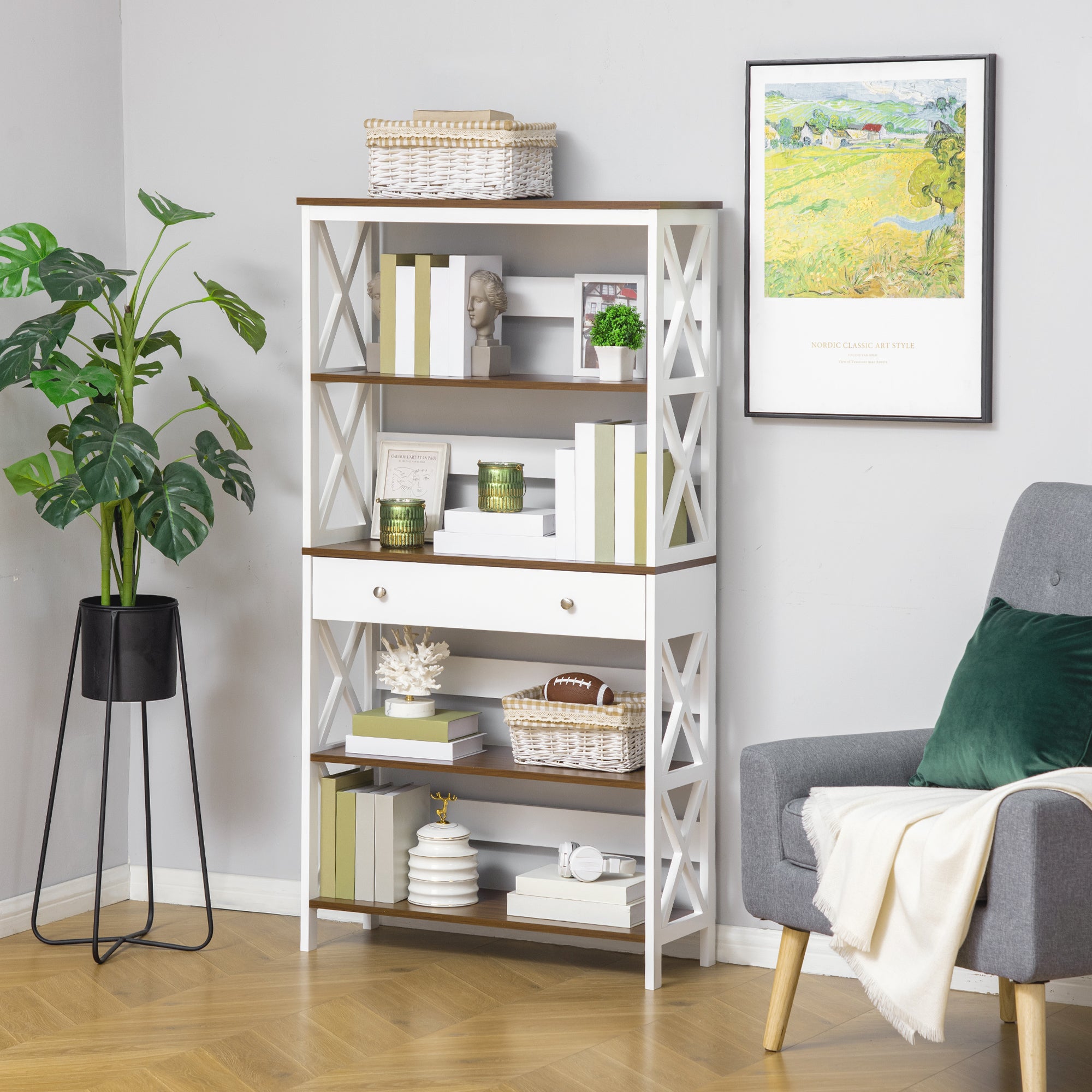4-Tier Shelving Bookcase Storage Cupboard with Pull Out Drawer, and Wooden Frame with X Bar Stability, White