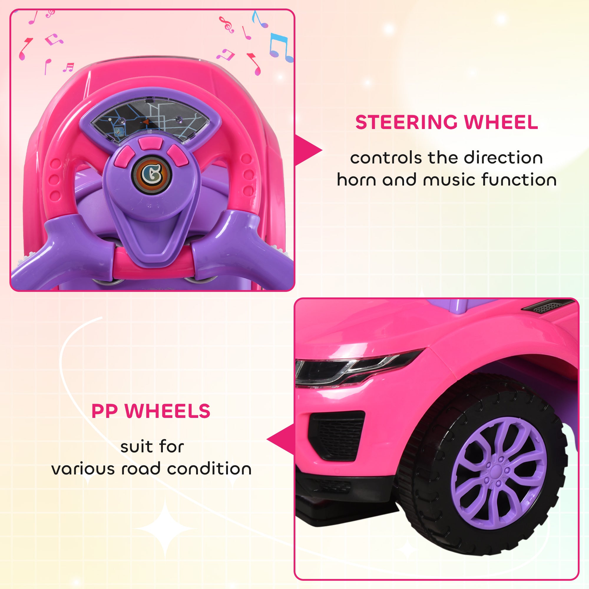 3 In 1 Push Cars for Toddlers Kid Ride on Push Car Stroller Sliding Car with Horn Music Light Function Secure Bar Ride on Toy for Boy Girl 18-36 Months, Pink