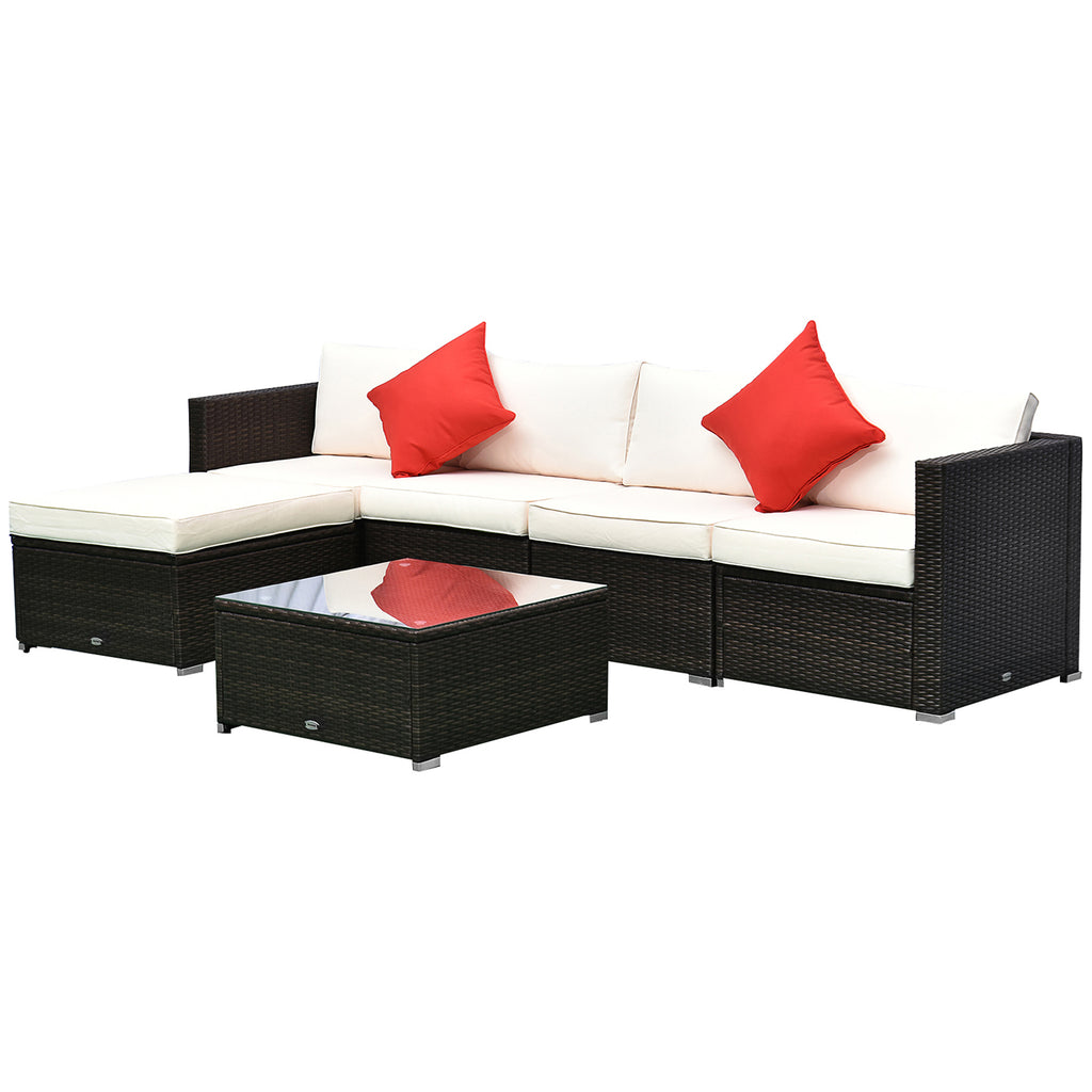 6 Piece Patio Furniture Set Outdoor Wicker Conversation Set All Weather PE Rattan Sectional Sofa Set with Ottoman, Cushions and Tempered Glass Table, Mixed Brown and Cream White