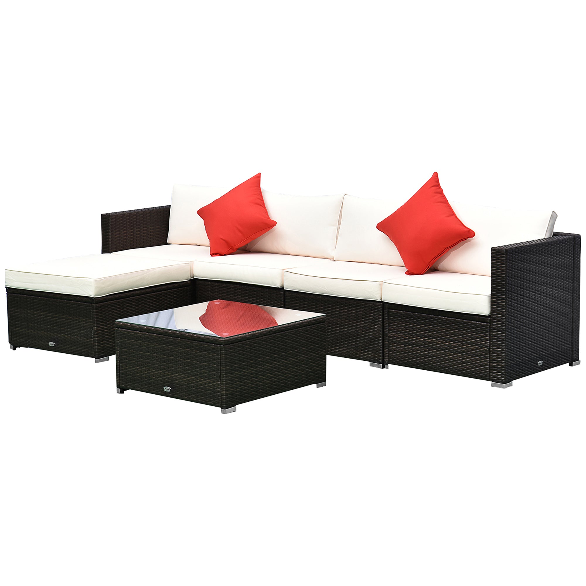 6 Piece Patio Furniture Set Outdoor Wicker Conversation Set All Weather PE Rattan Sectional Sofa Set with Ottoman, Cushions and Tempered Glass Table, Mixed Brown and Cream White