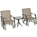 3 Piece Outdoor Glider Chair with Coffee Table Bistro Set, 2 Patio Rocking Swing Chairs with Breathable Sling Fabric, Glass Tabletop, for Backyard, Garden and Porch, Mixed Brown
