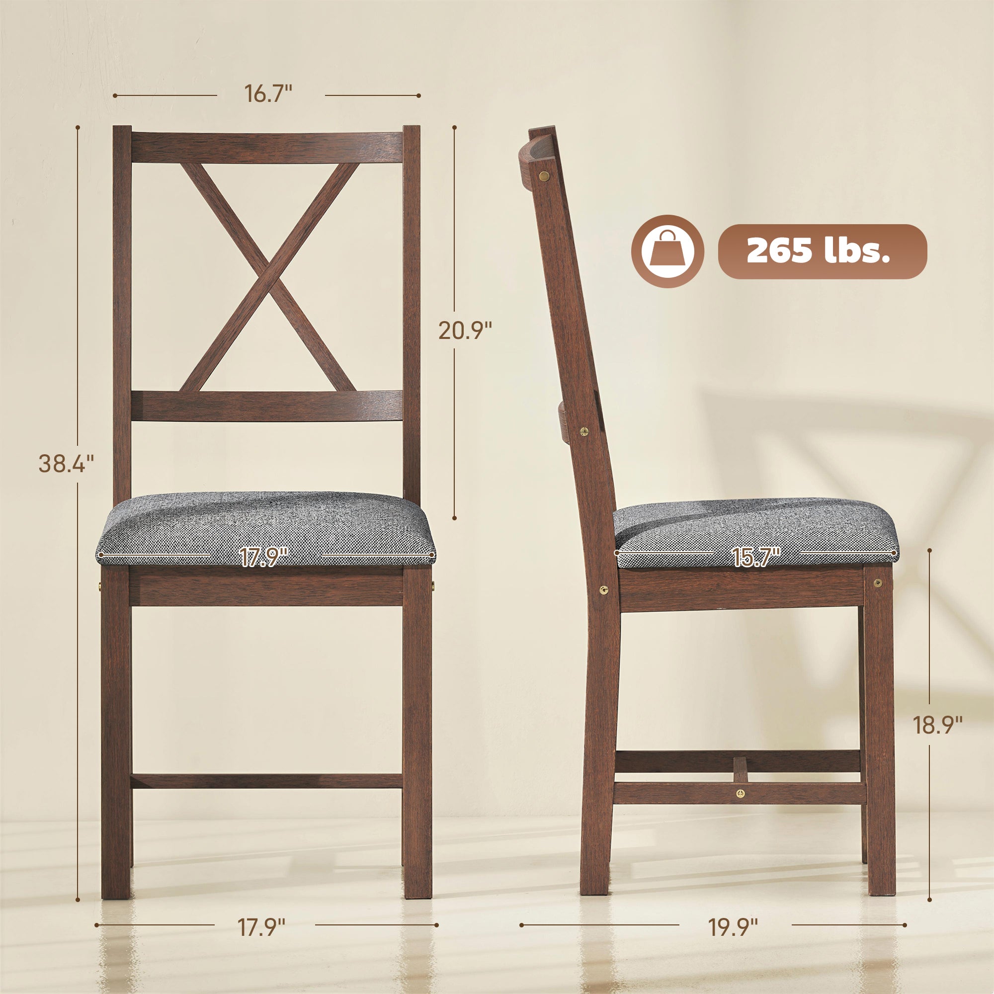 Set of 2 Dining Chairs, Upholstered X-Back Dining Room Chairs with Rubberwood Legs and Padded Seat, Walnut