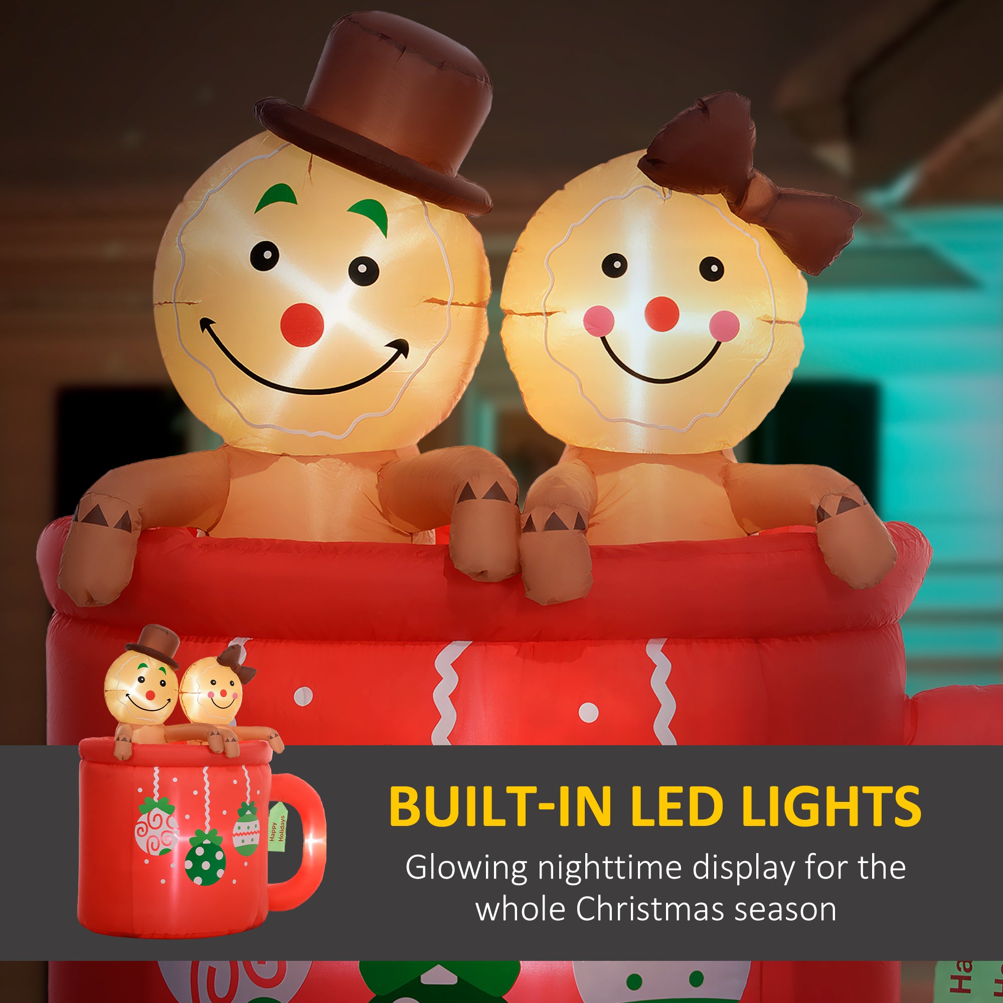 6FT Inflatable Gingerbread Couple in Hot Cocoa Mug, Christmas Blow Up Decoration with LED Lights for Indoor, Outdoor