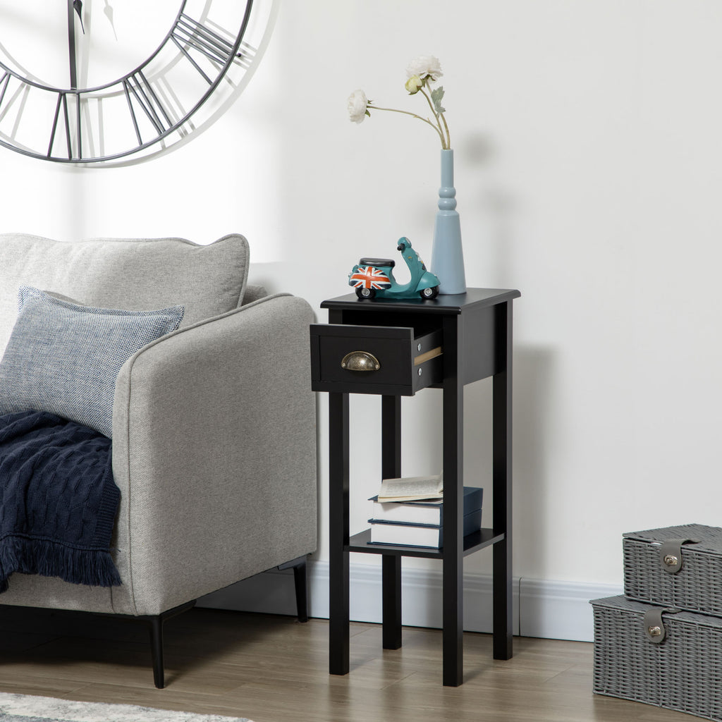 2-Tier Side Table with Drawer Shelf, End Table for Living Room Hallway, Black