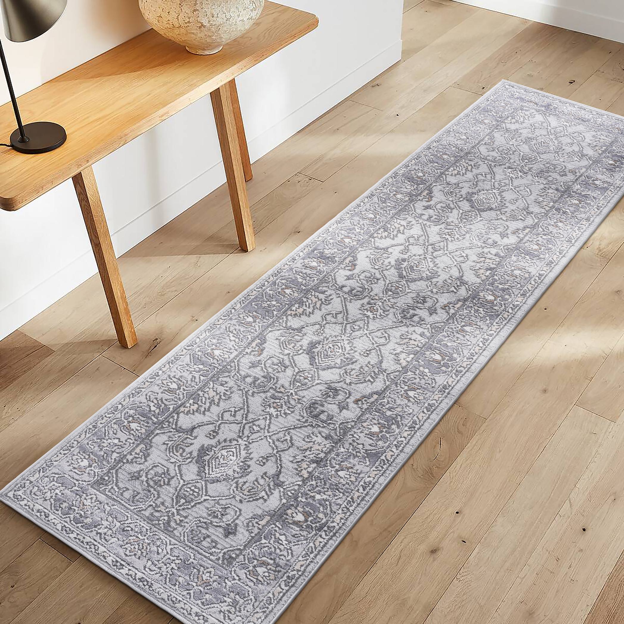 Naar 2x8 Stain-Resistant Area Rug with Cotton Backing, Medium Pile Height, Kid and Pet-Friendly Carpet, 96" L x 26" W x 0.35" H, Ivory+Gray