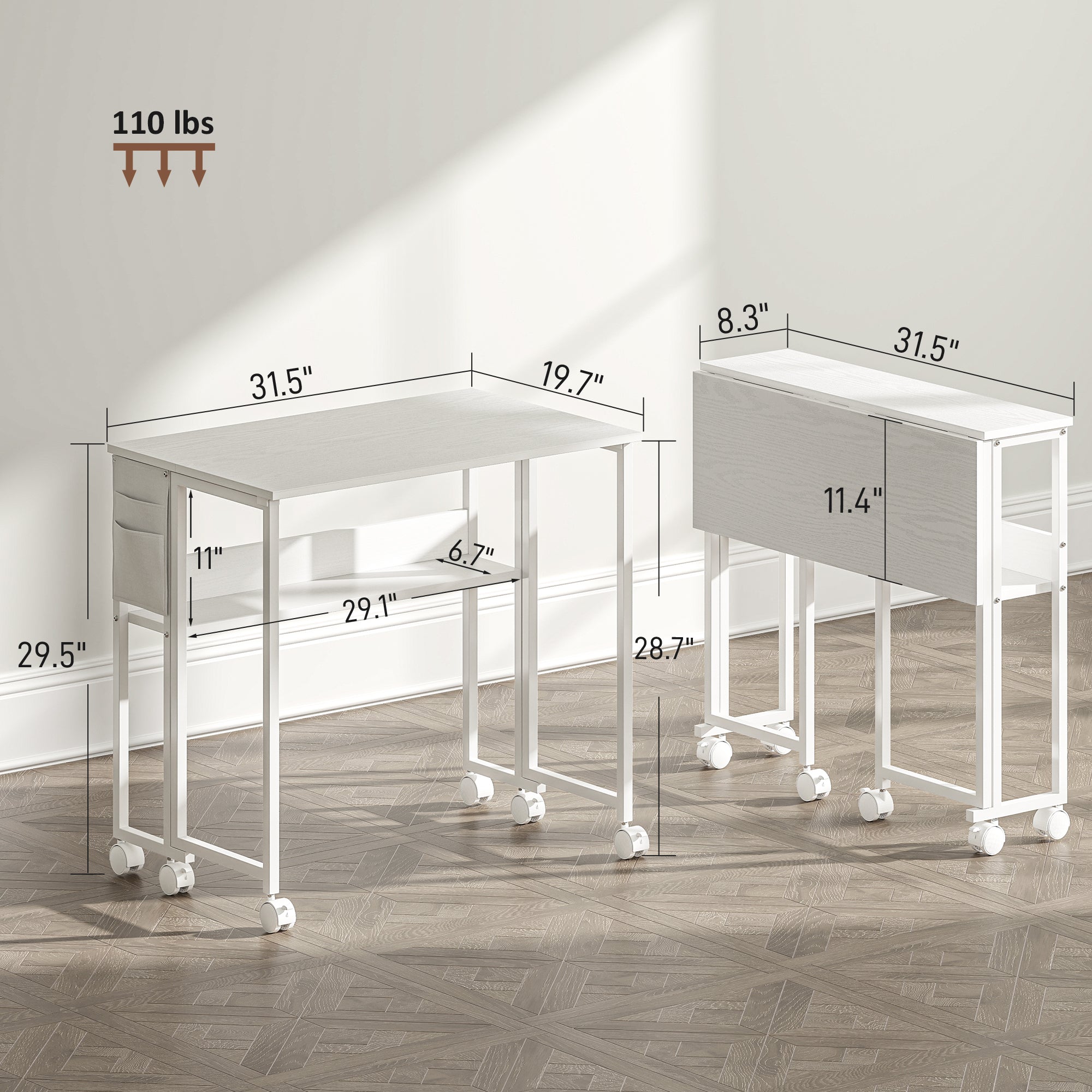 Folding Computer Desk, Foldable Desk with Storage Bag, Shelf and Wheels for Small Spaces, Home Office, White
