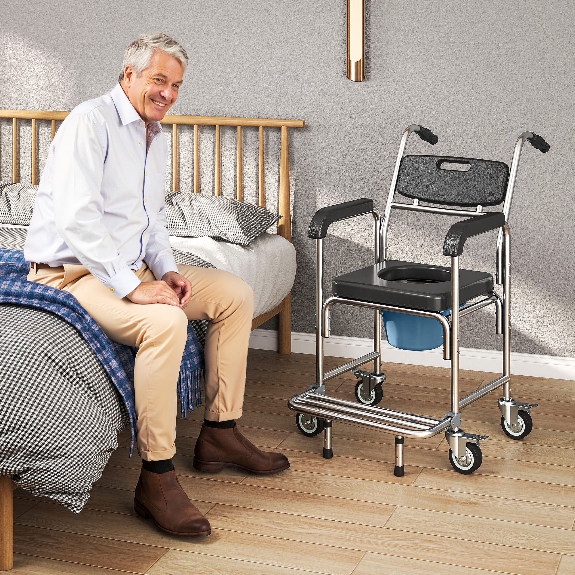3-in-1 Shower Commode Wheelchair, Accessible Transport Commode Medical Rolling Chair, Black