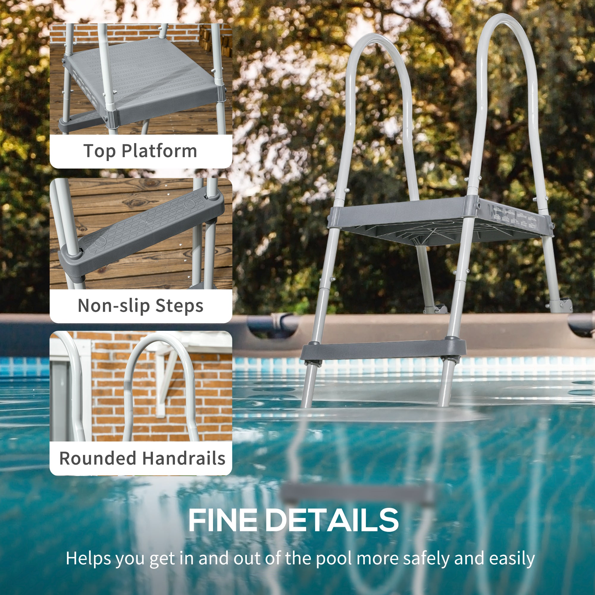 70" Above Ground Swimming Pool Ladder, A-Frame Deck Ladder, Non-slip Steps and Handrails for 48" Pool Wall Height, Gray
