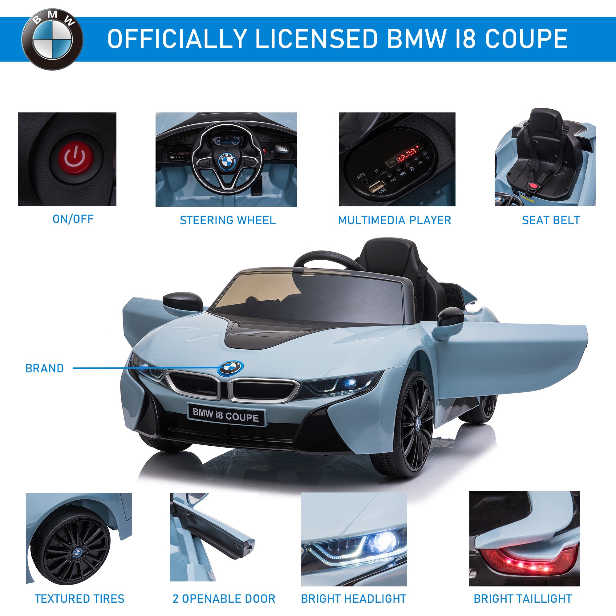 Licensed I8 Coupe 6V Electric Car, Kids Ride-On Car, Battery Powered Toy with Remote Control Music Horn Lights Suspension for 37-96months Old, Blue
