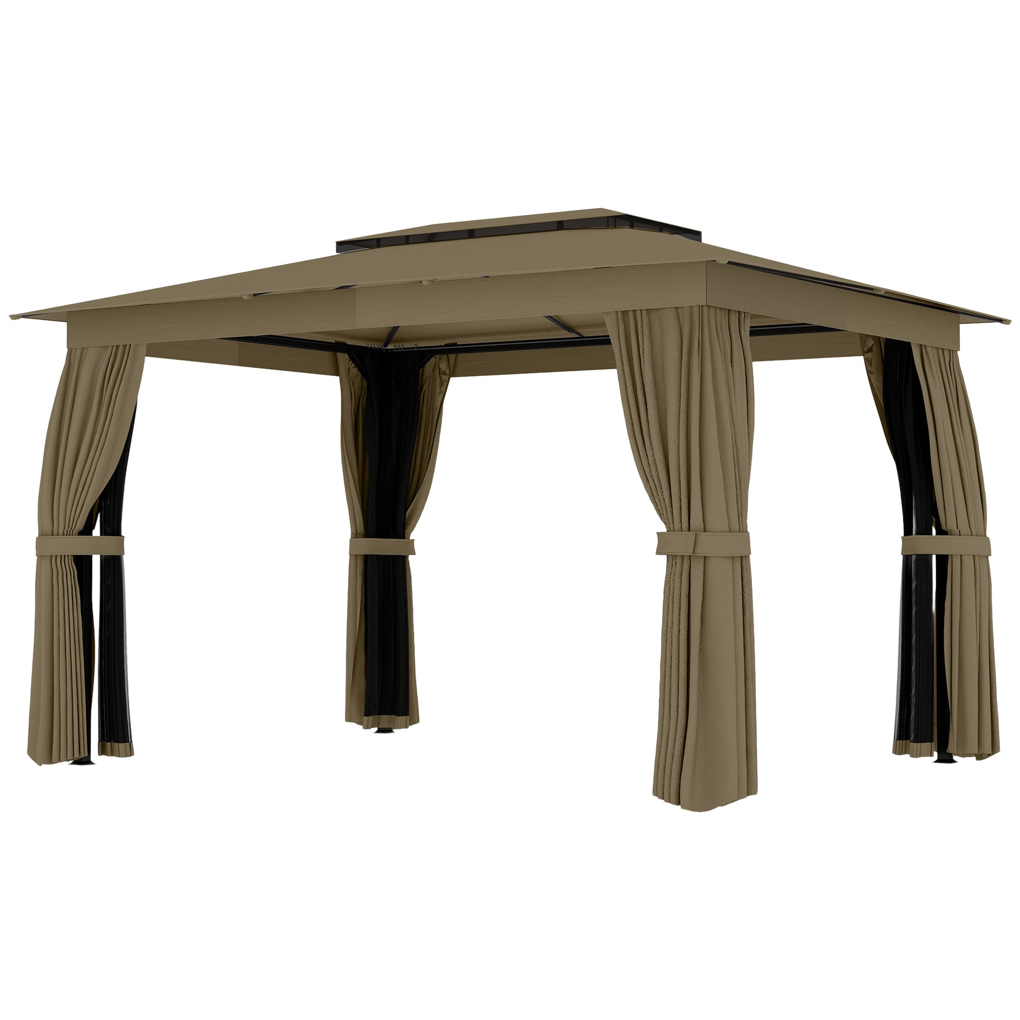 10' x 12' Outdoor Patio Gazebo, Soft Top Gazebo Canopy Shelter with Curtains, Netting, Steel Frame, Hooks, Khaki