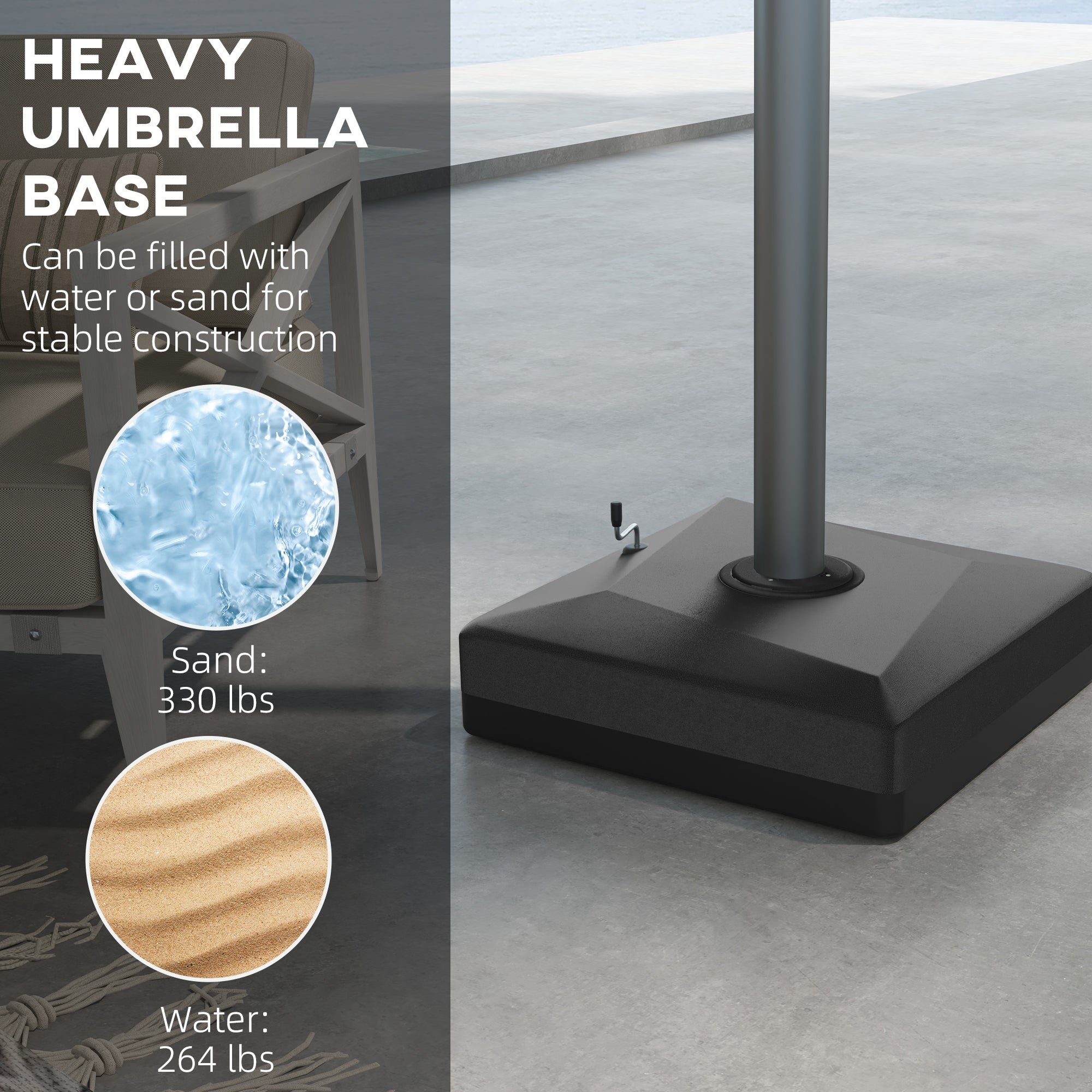 330 lbs. Fillable Umbrella Base for 84D-110V02 Model Umbrella, Cantilever Umbrella Stand, Wheels, Adjustable Feet, Black