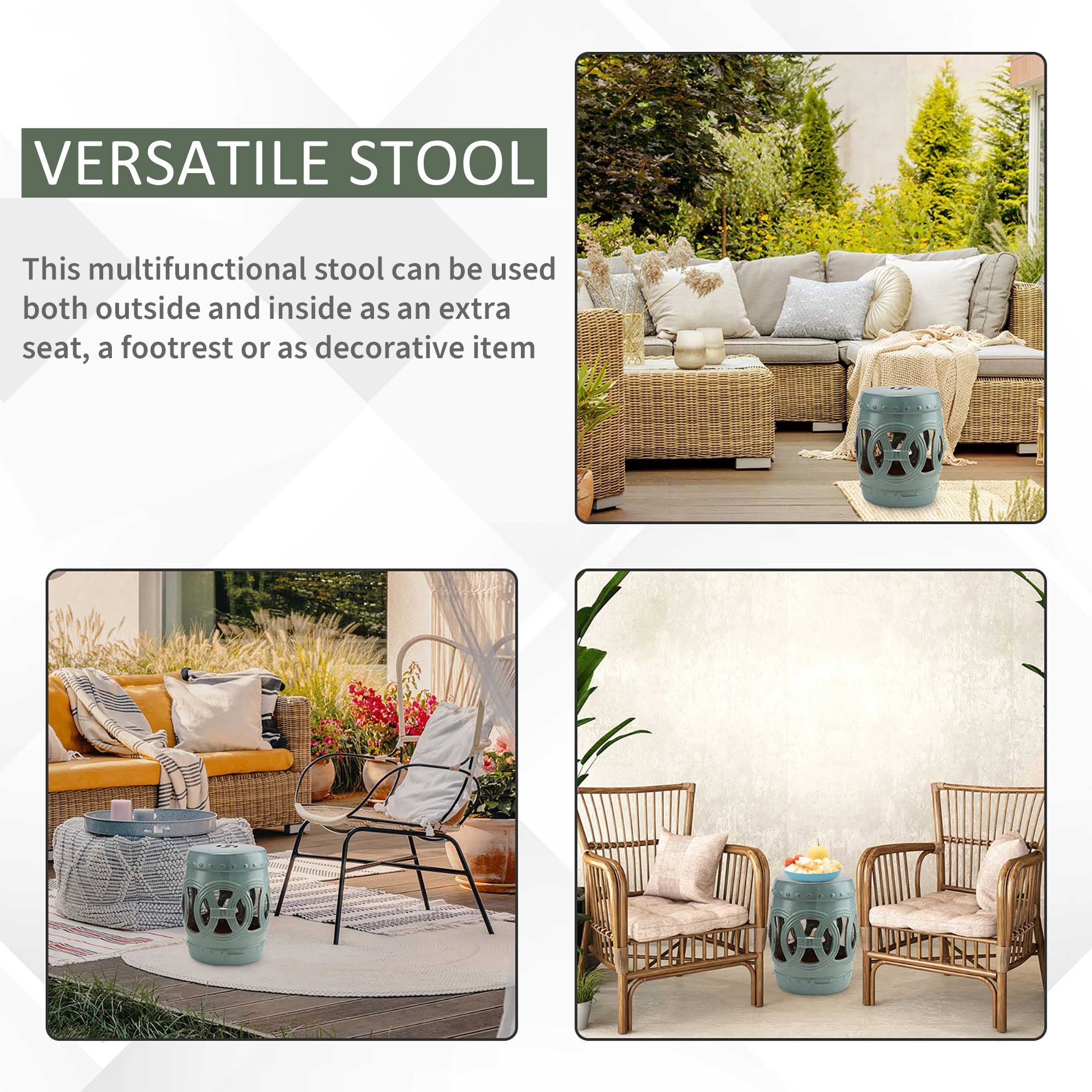 14" x 17" Ceramic Garden Stool with Double-Coin Knotted Ring Design & Strong Glazed Material, Decorative End Table, Home Collection, Antique Blue