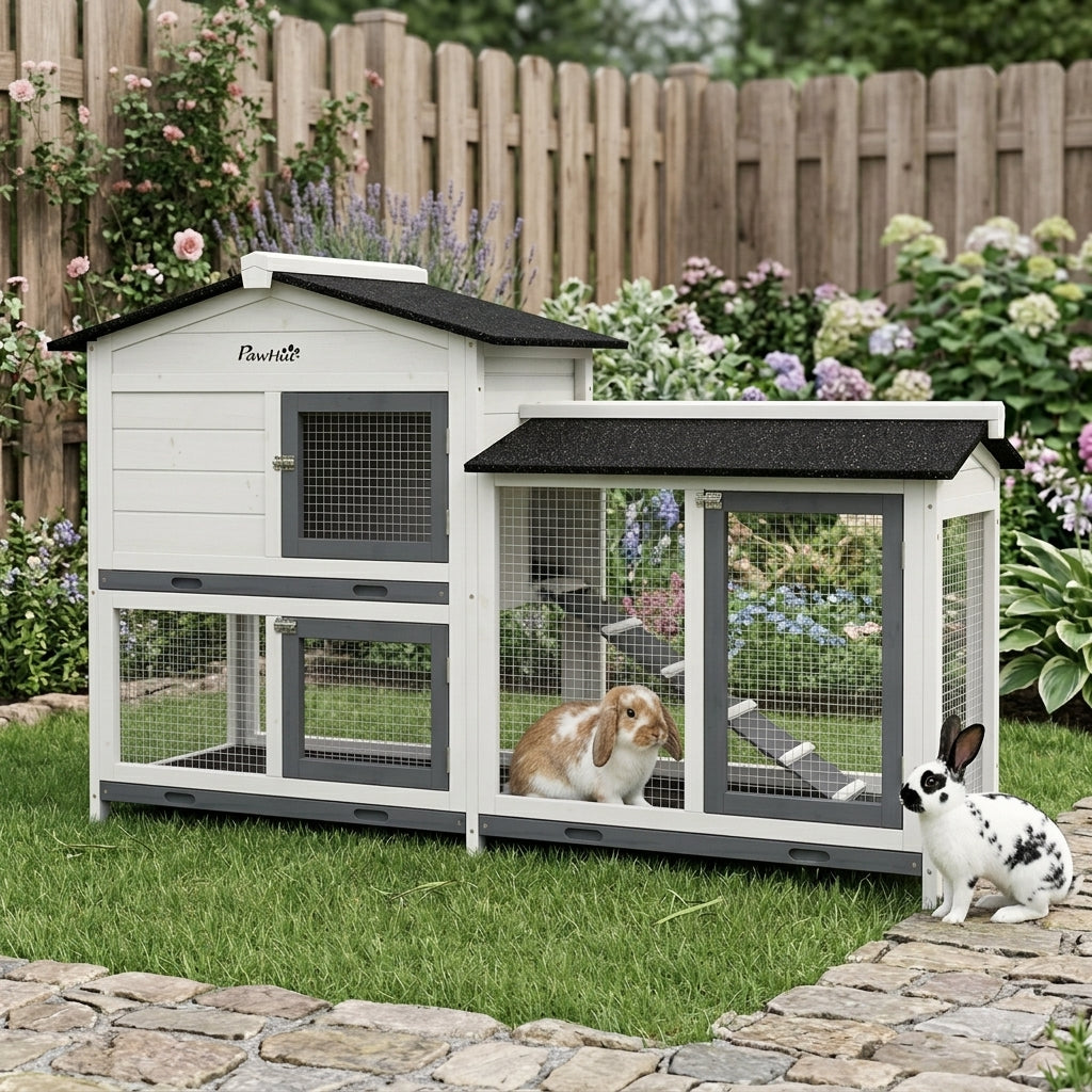 62" Rabbit Hutch, Wooden Bunny Hutch, Guinea Pig Cage, Small Animal Enclosure with Run Area, Removable Tray, Asphalt Roof, Lockable Doors and Ramp, for Rabbits, Chickens, Ducks, White
