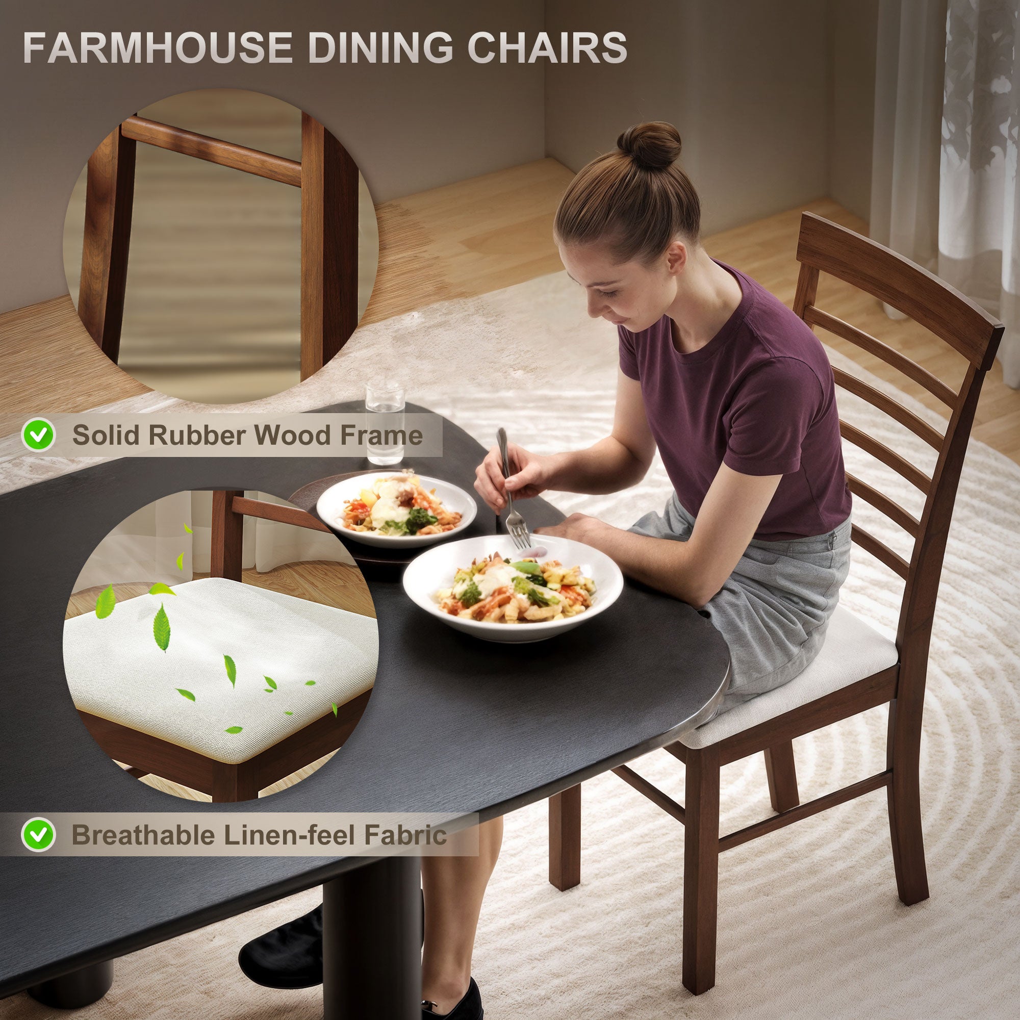 Wooden Dining Chairs Set of 2, Farmhouse Upholstered Kitchen Chairs with Rubber Wood Frame, Dark Brown and Beige