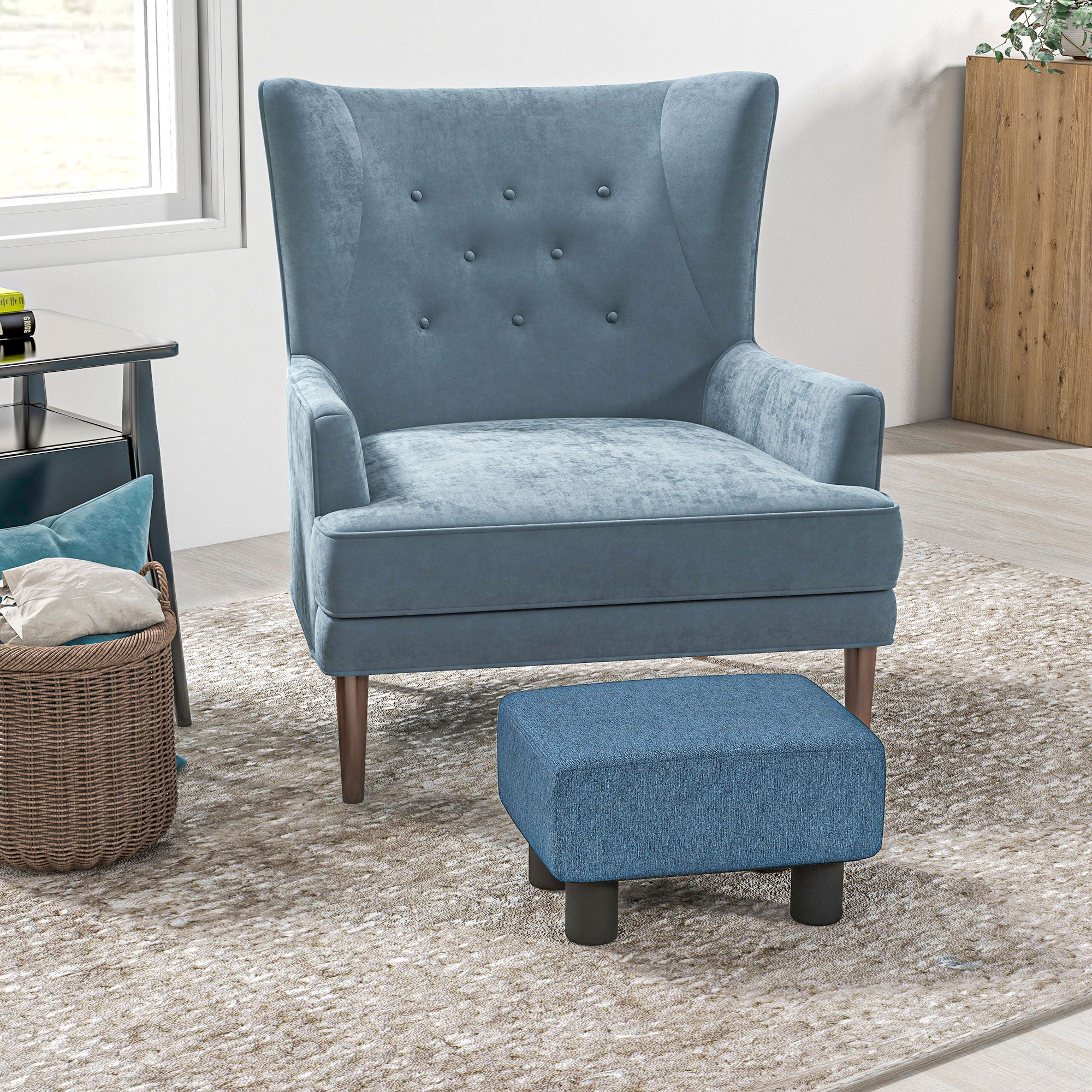 Ottoman Foot Rest, Small Foot Stool with Linen Fabric Upholstery and Plastic Legs, Cube Ottoman for Living Room, Blue