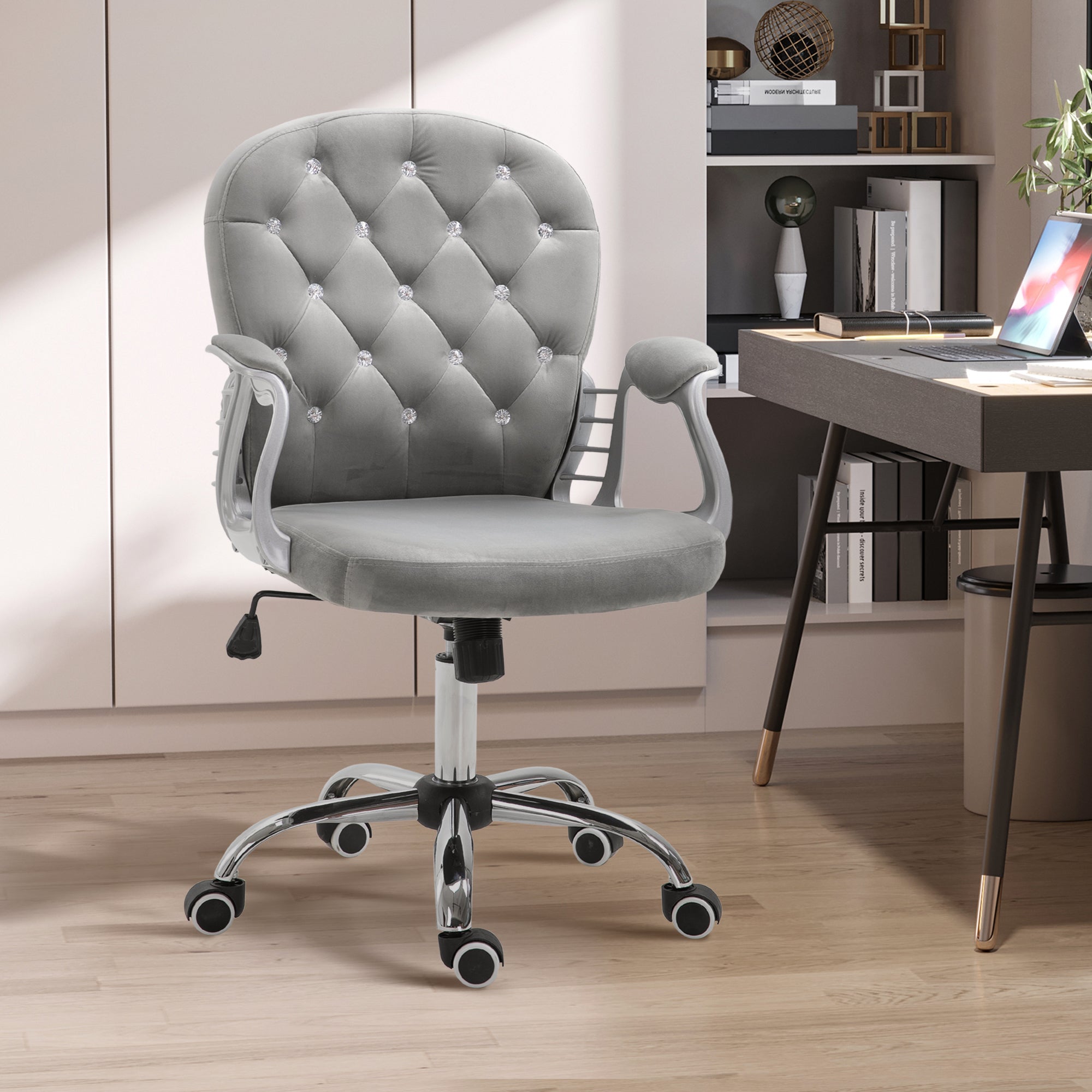Button Tufted Desk Chair, Home Office Chair with Padded Armrests, Adjustable Height and Swivel Wheels, Gray